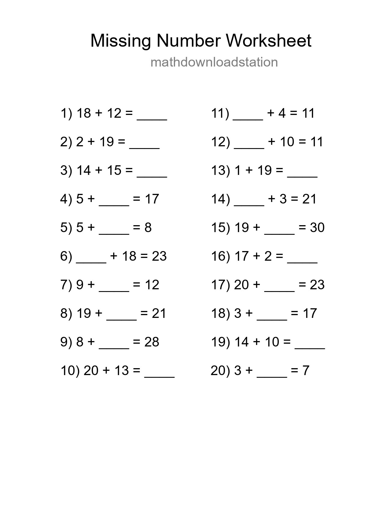 Missing Number Math Worksheet