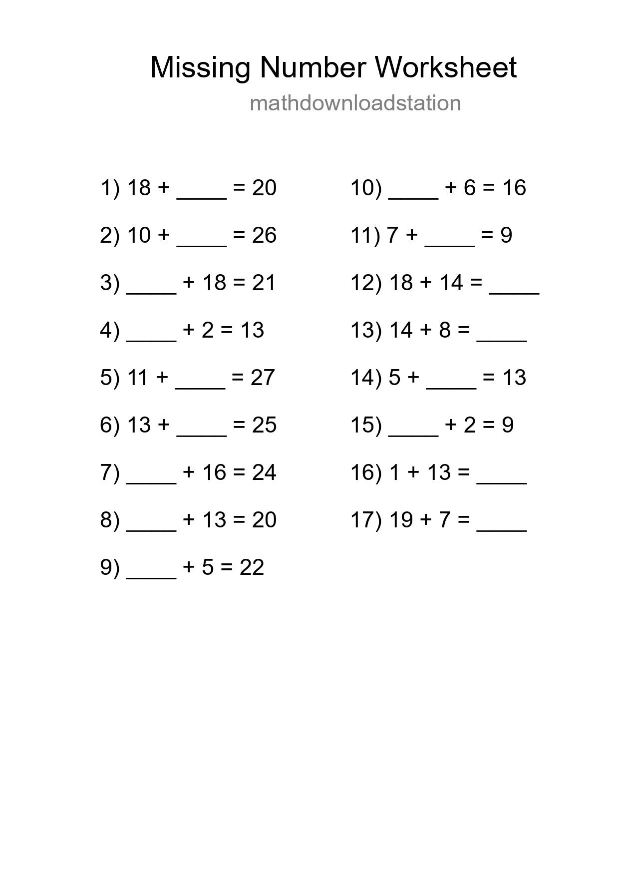 Missing Number Math Worksheet