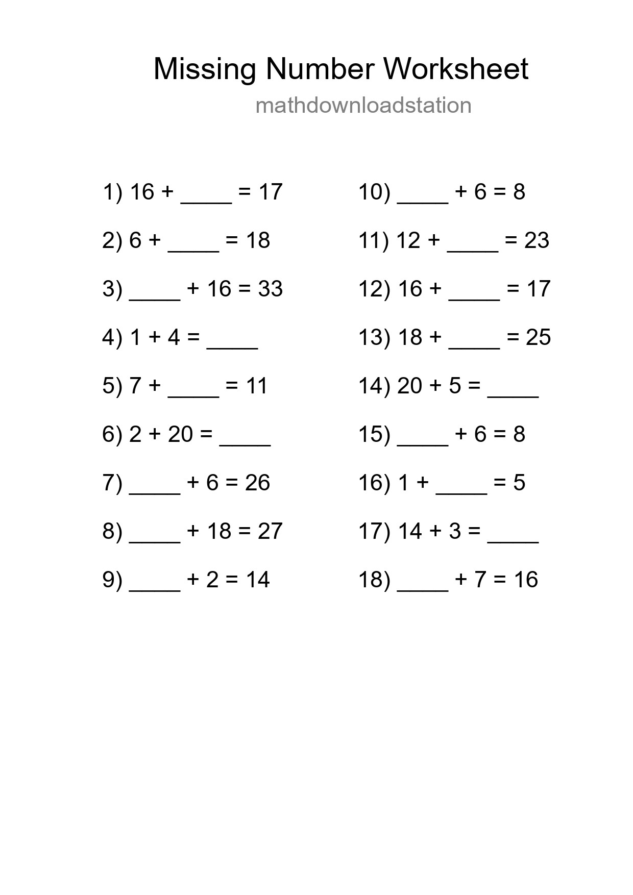 Missing Number Math Worksheet