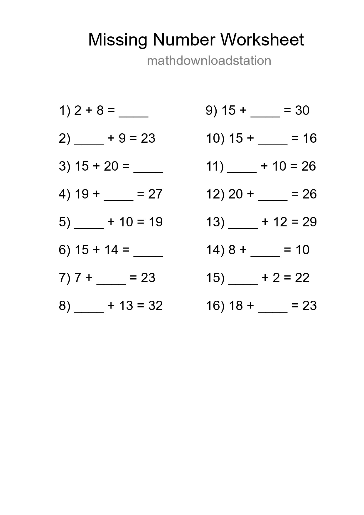 Missing Number Math Worksheet