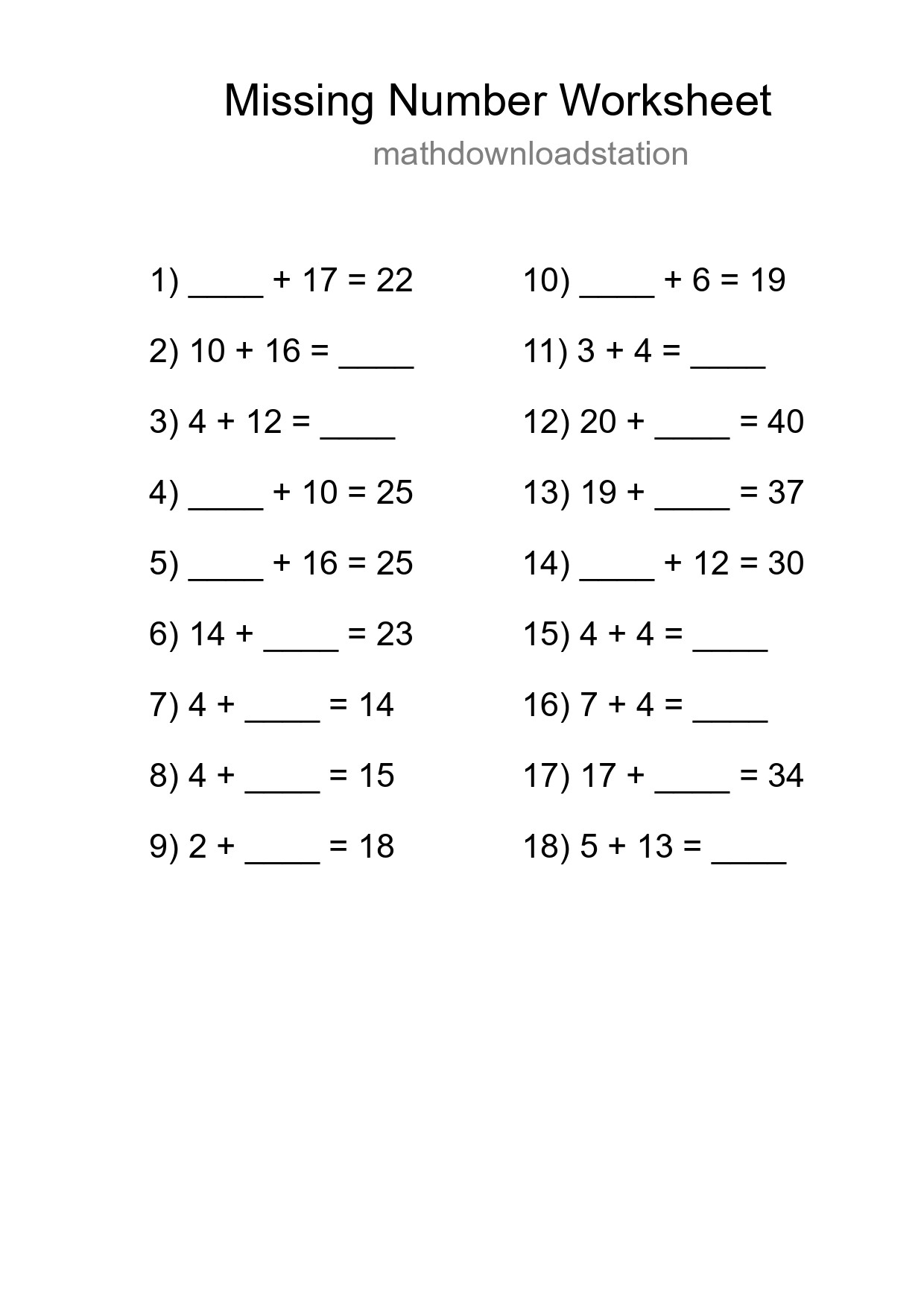 Missing Number Math Worksheet