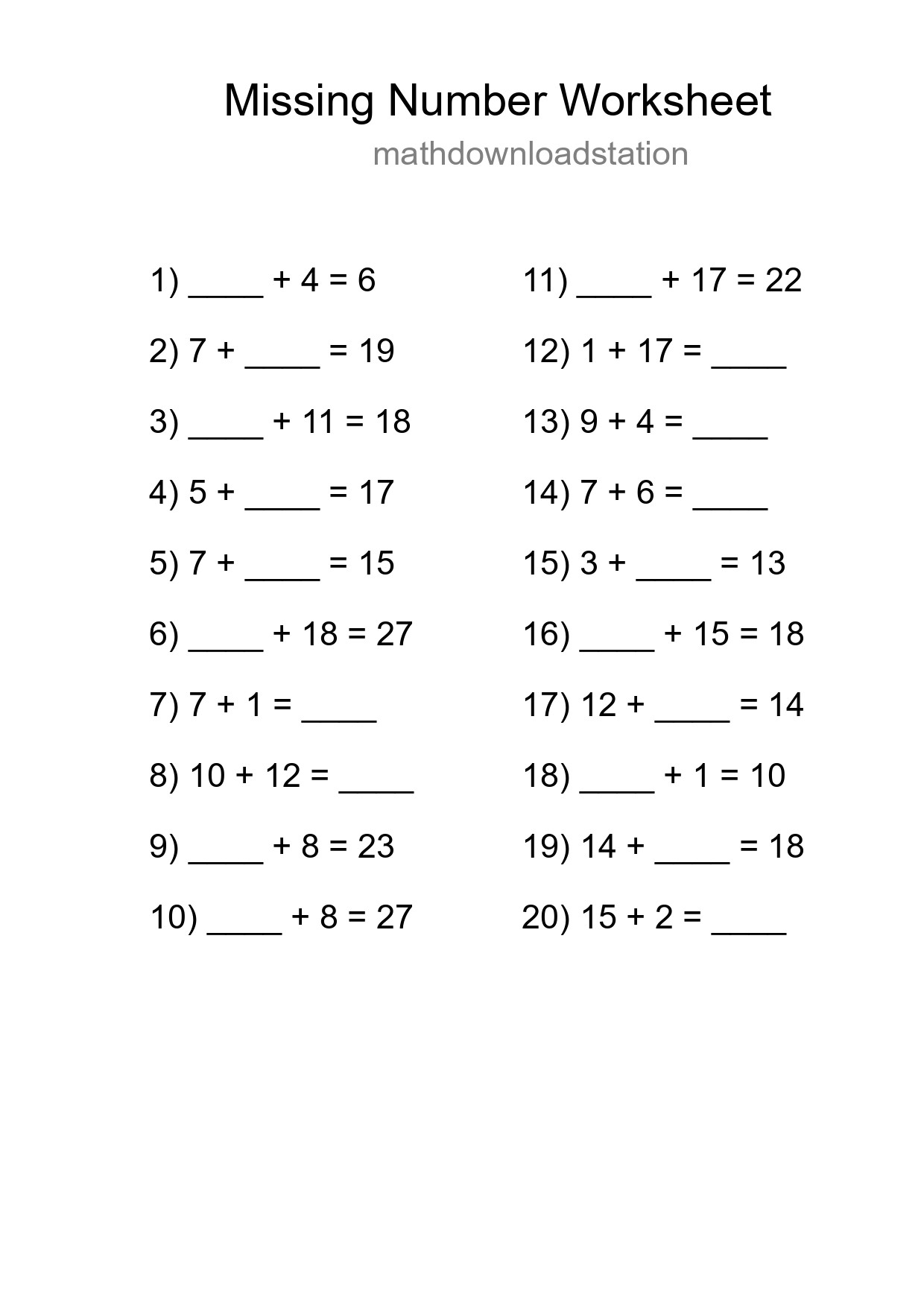 Missing Number Math Worksheet
