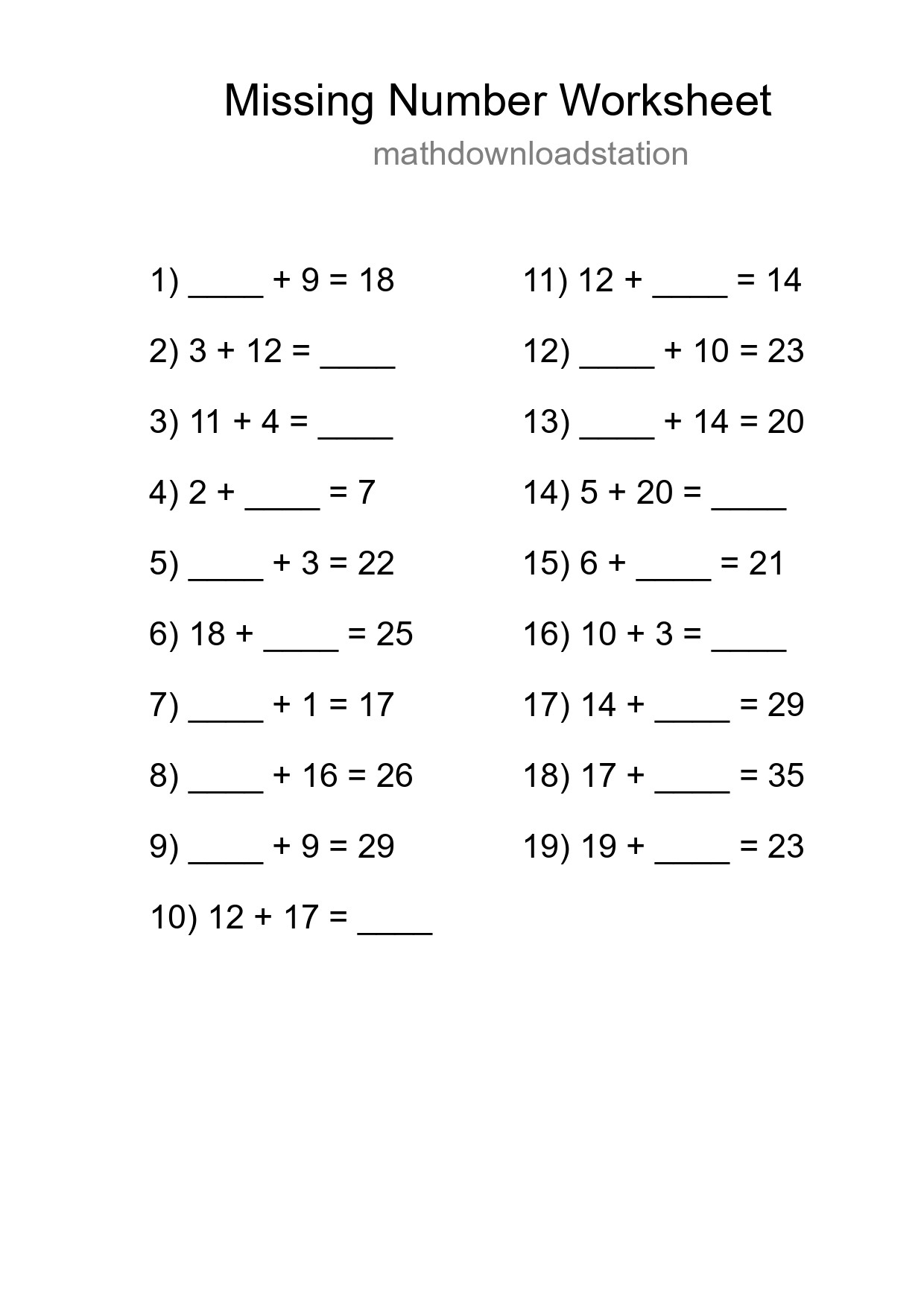 Missing Number Math Worksheet