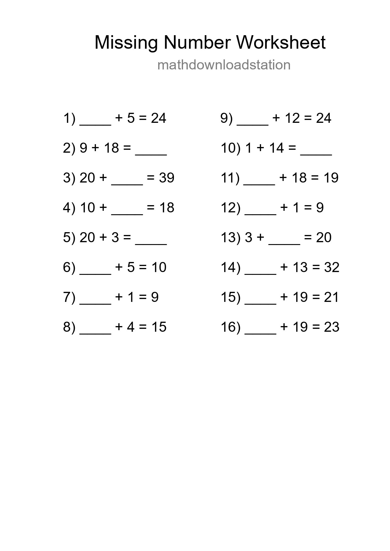 Missing Number Math Worksheet