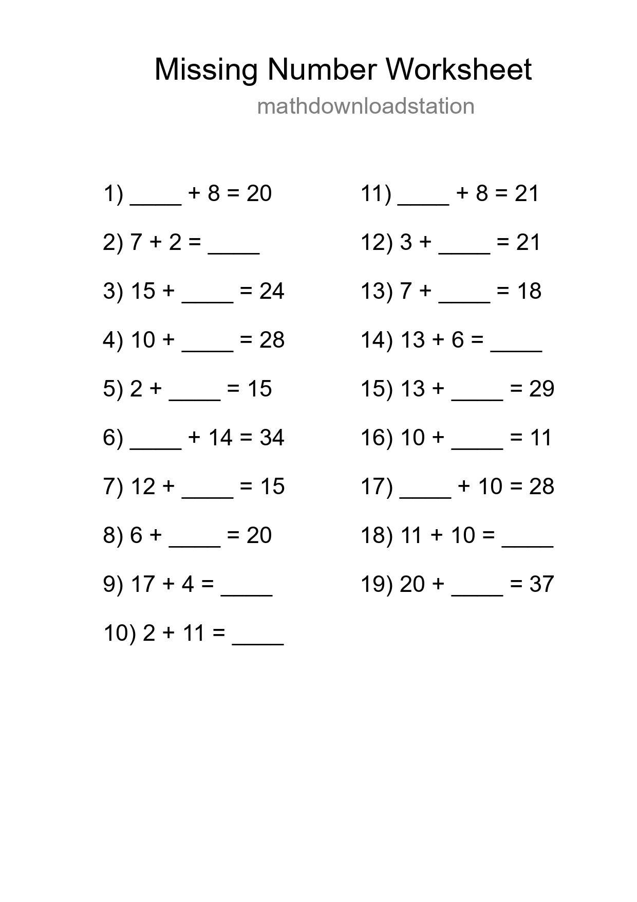 Missing Number Math Worksheet