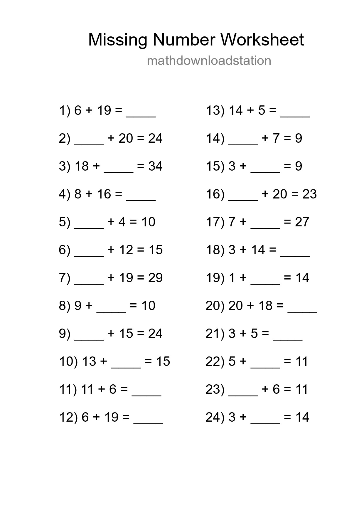 Missing Number Math Worksheet