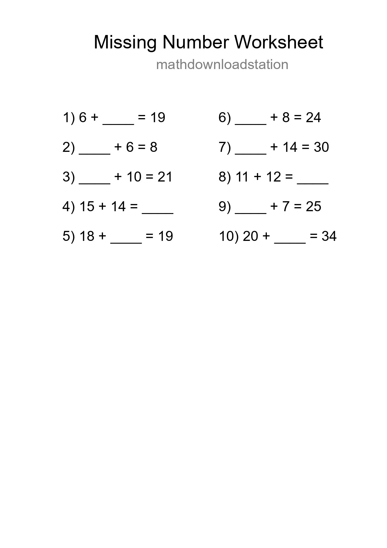 Missing Number Math Worksheet