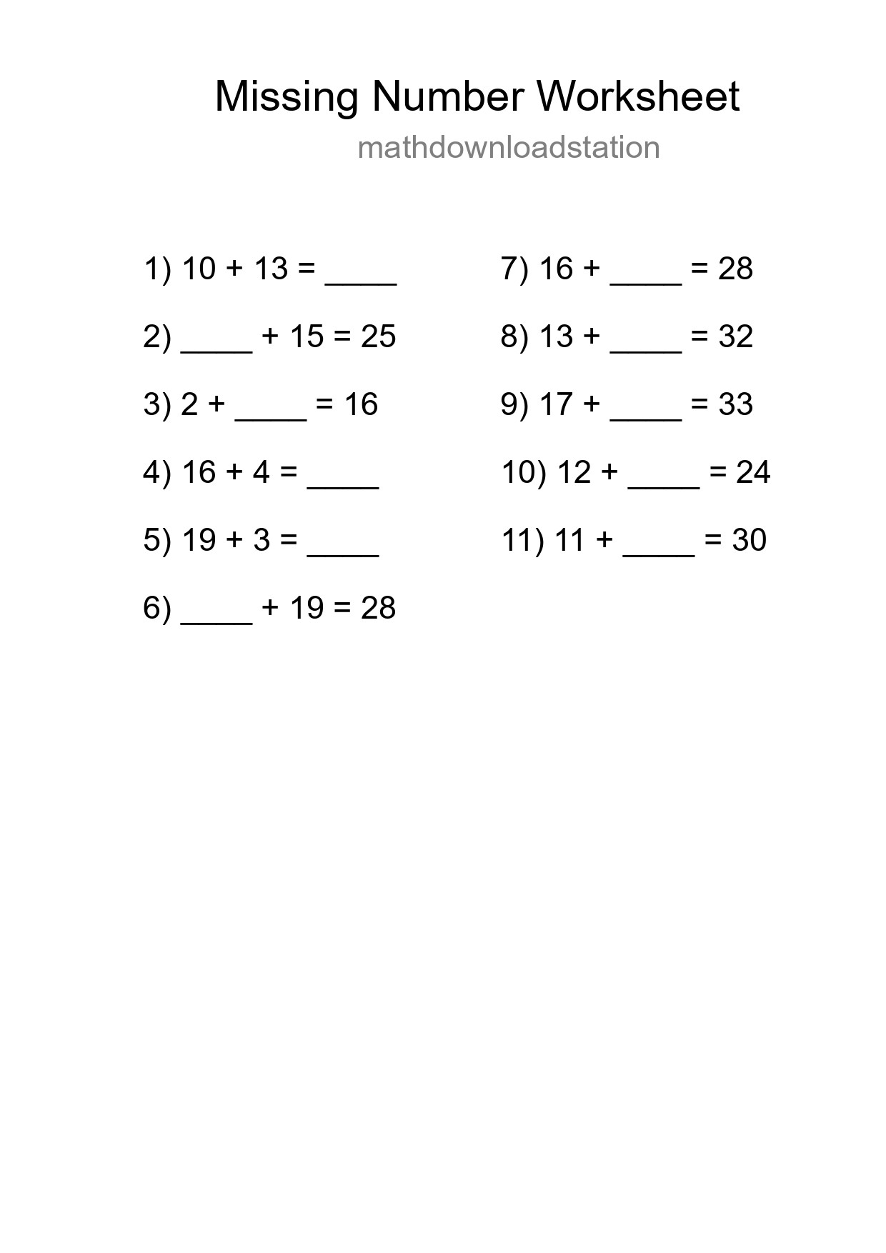 Missing Number Math Worksheet