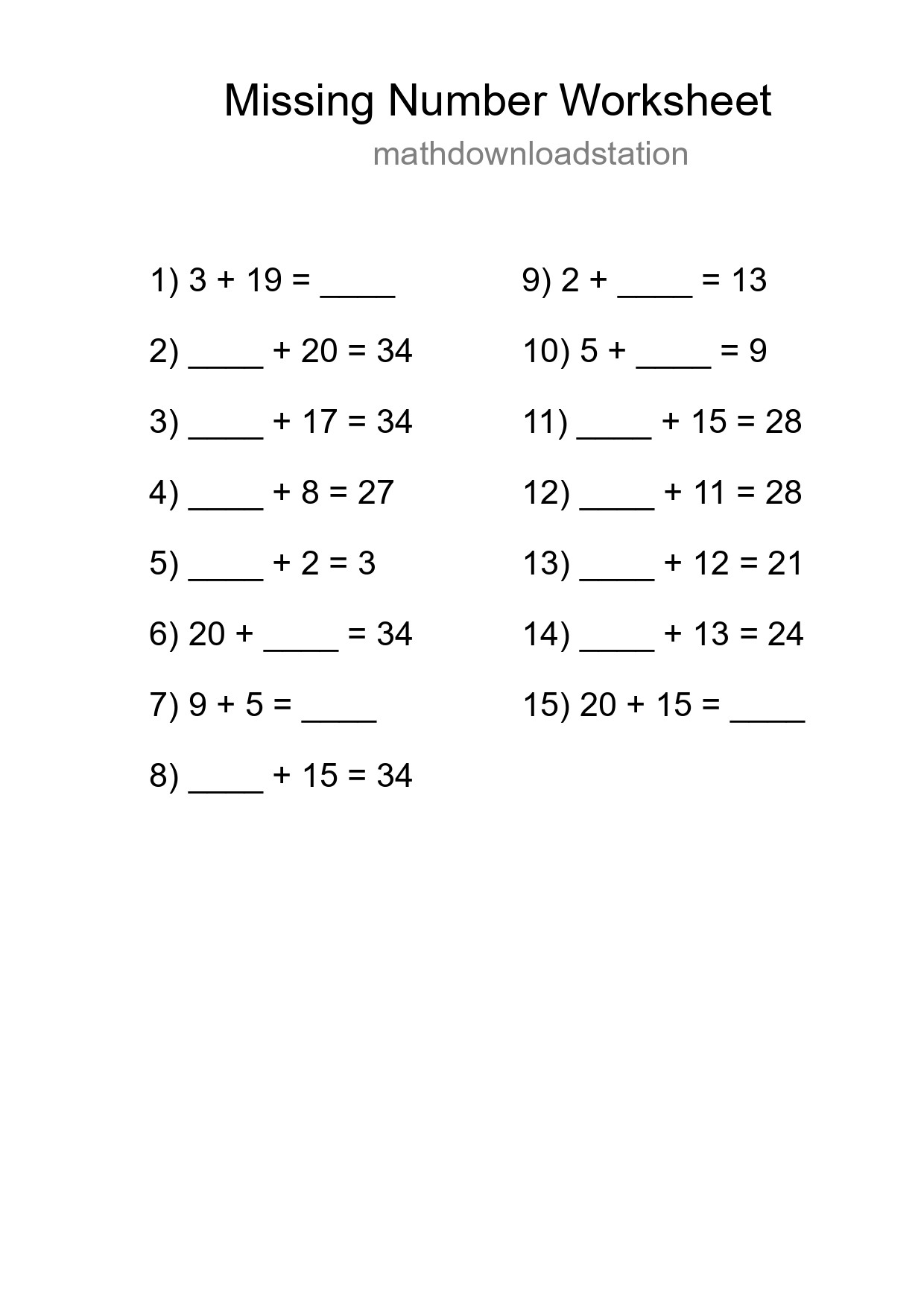 Missing Number Math Worksheet
