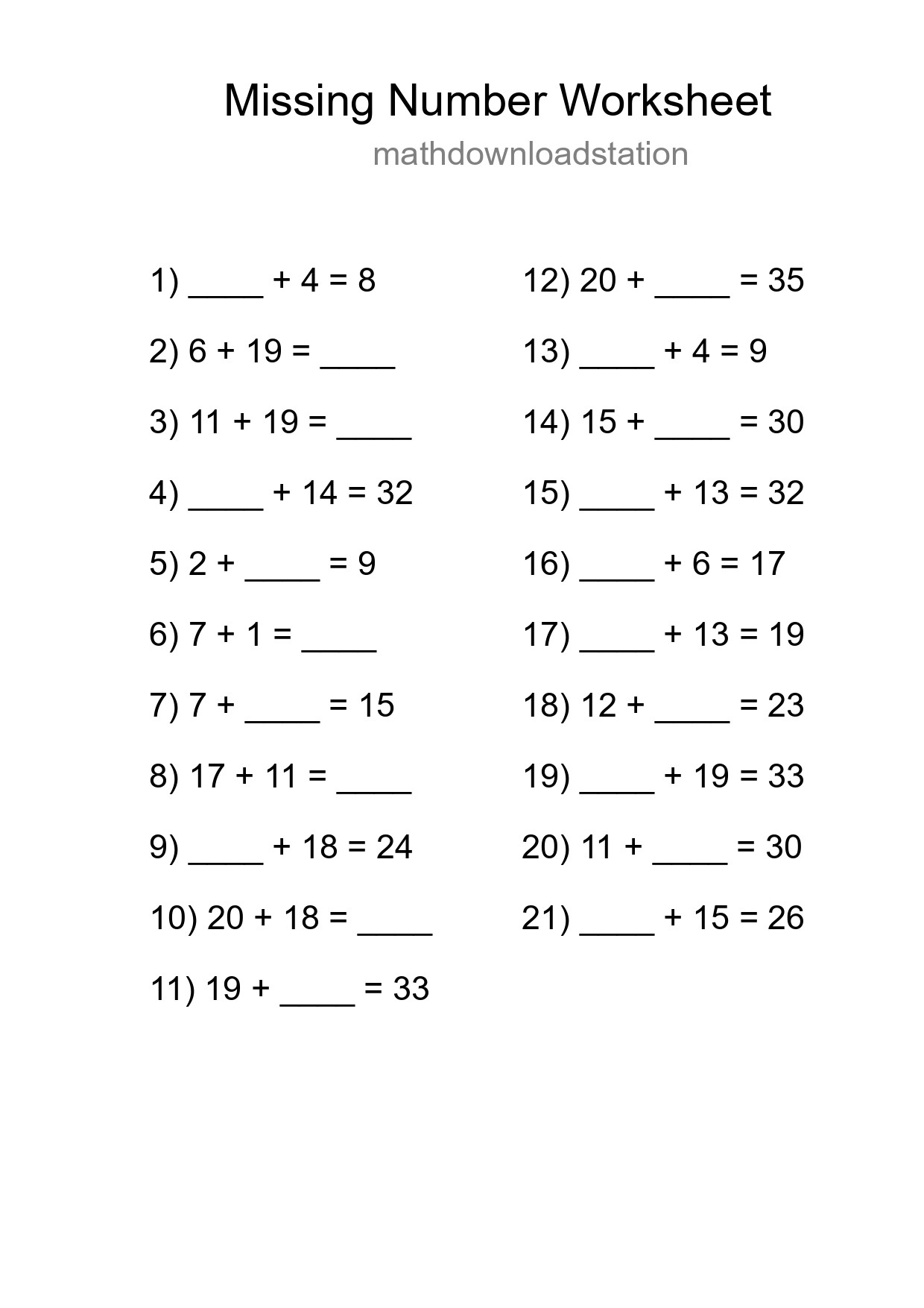 Missing Number Math Worksheet