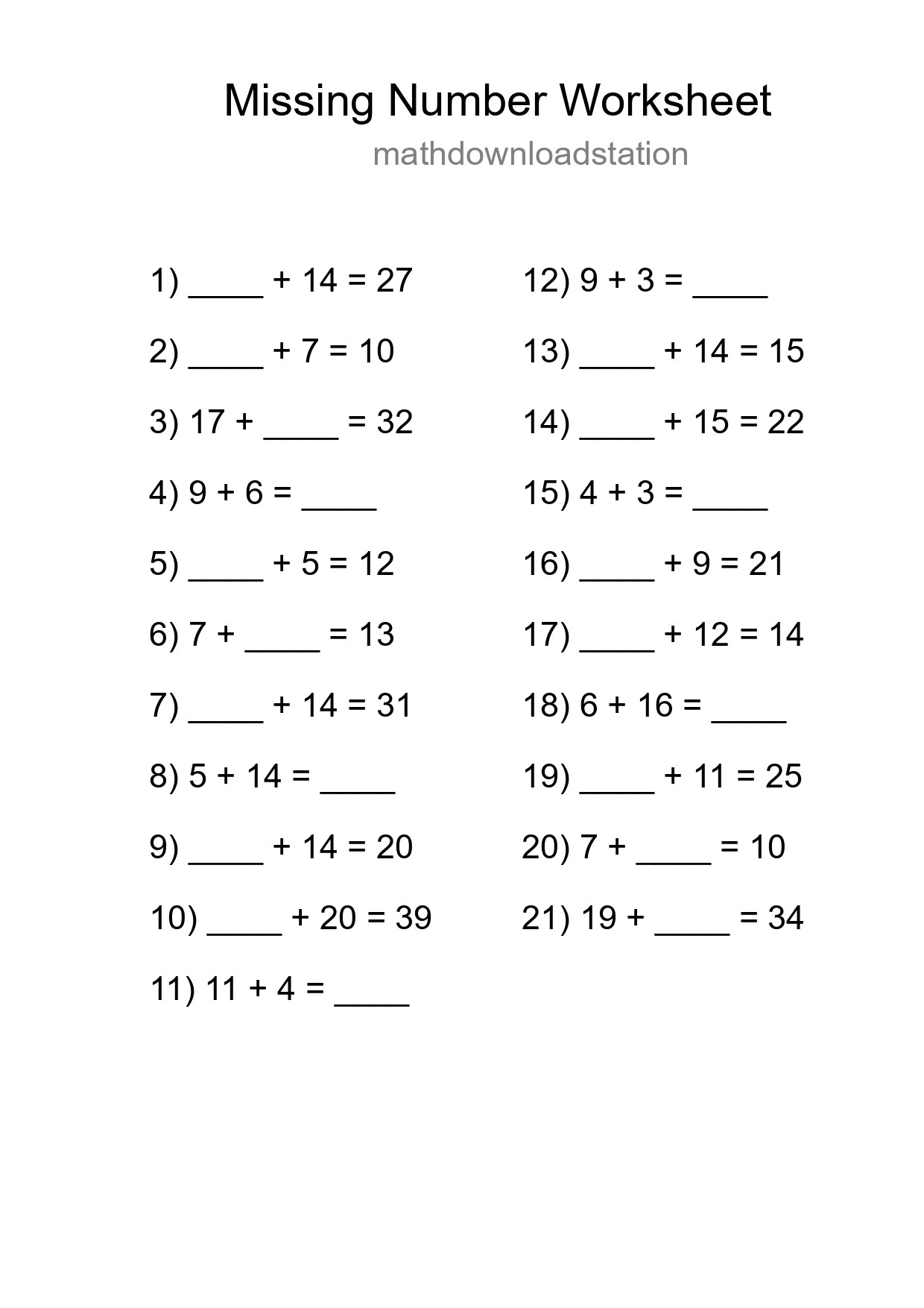 Missing Number Math Worksheet