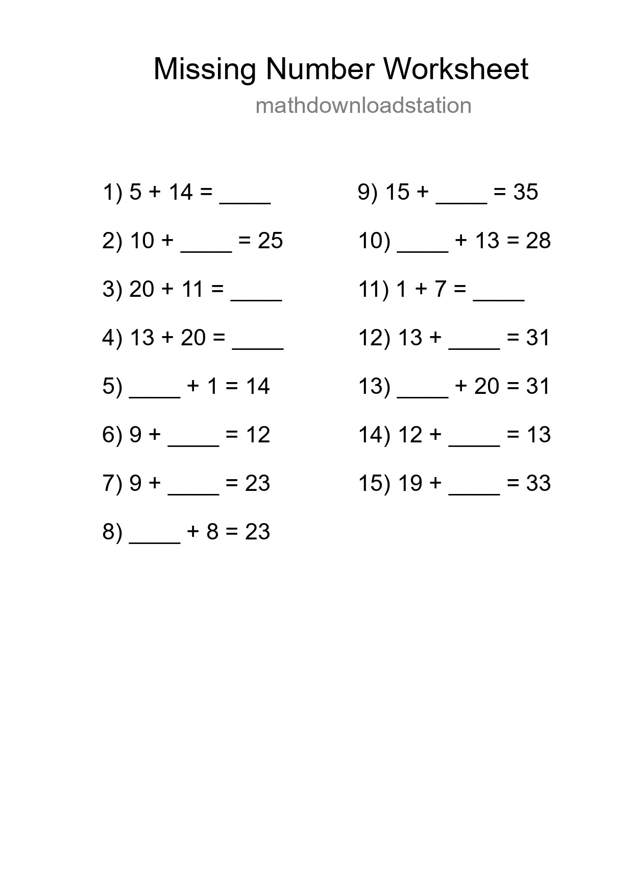 Missing Number Math Worksheet