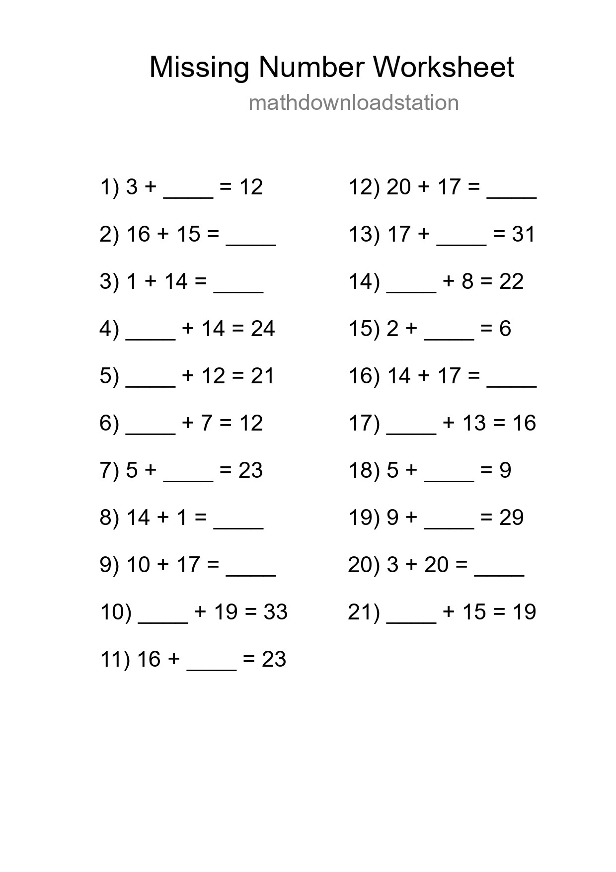 Missing Number Math Worksheet