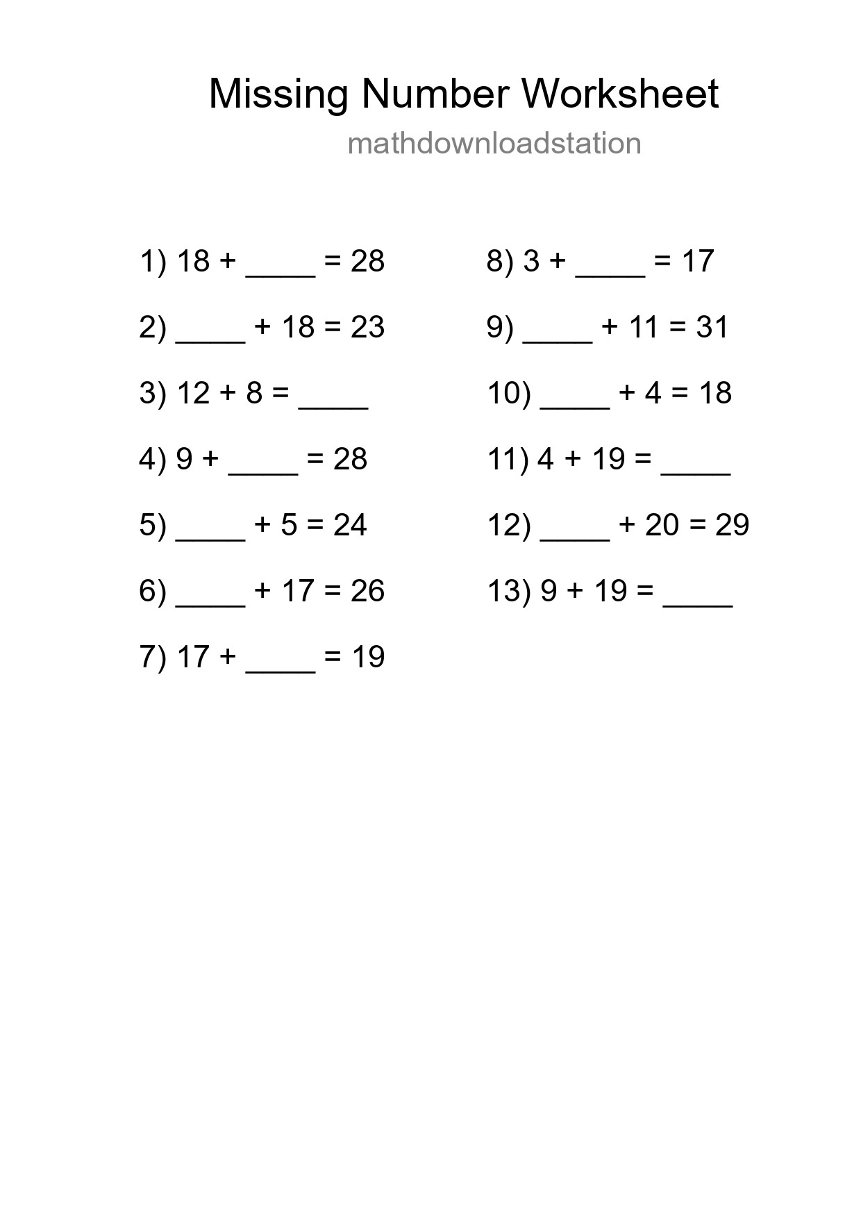 Missing Number Math Worksheet