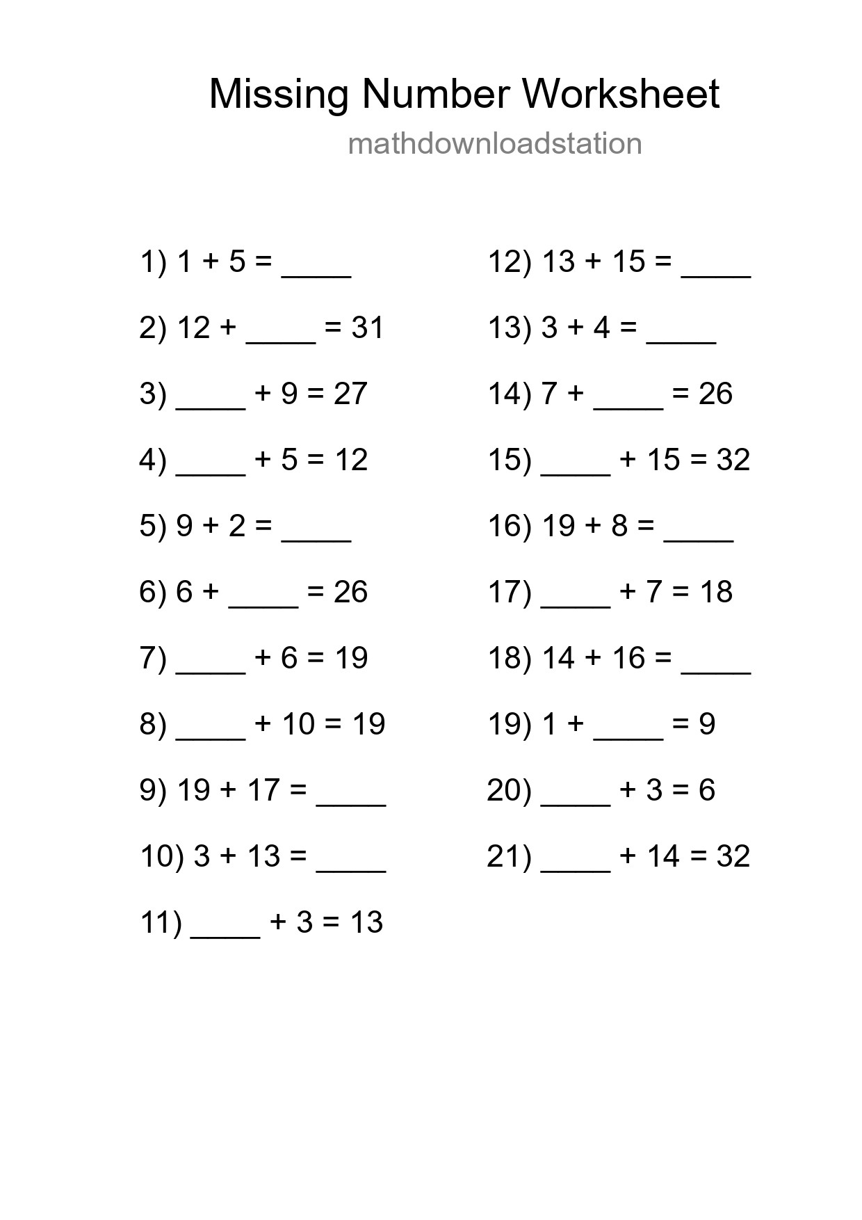 Missing Number Math Worksheet