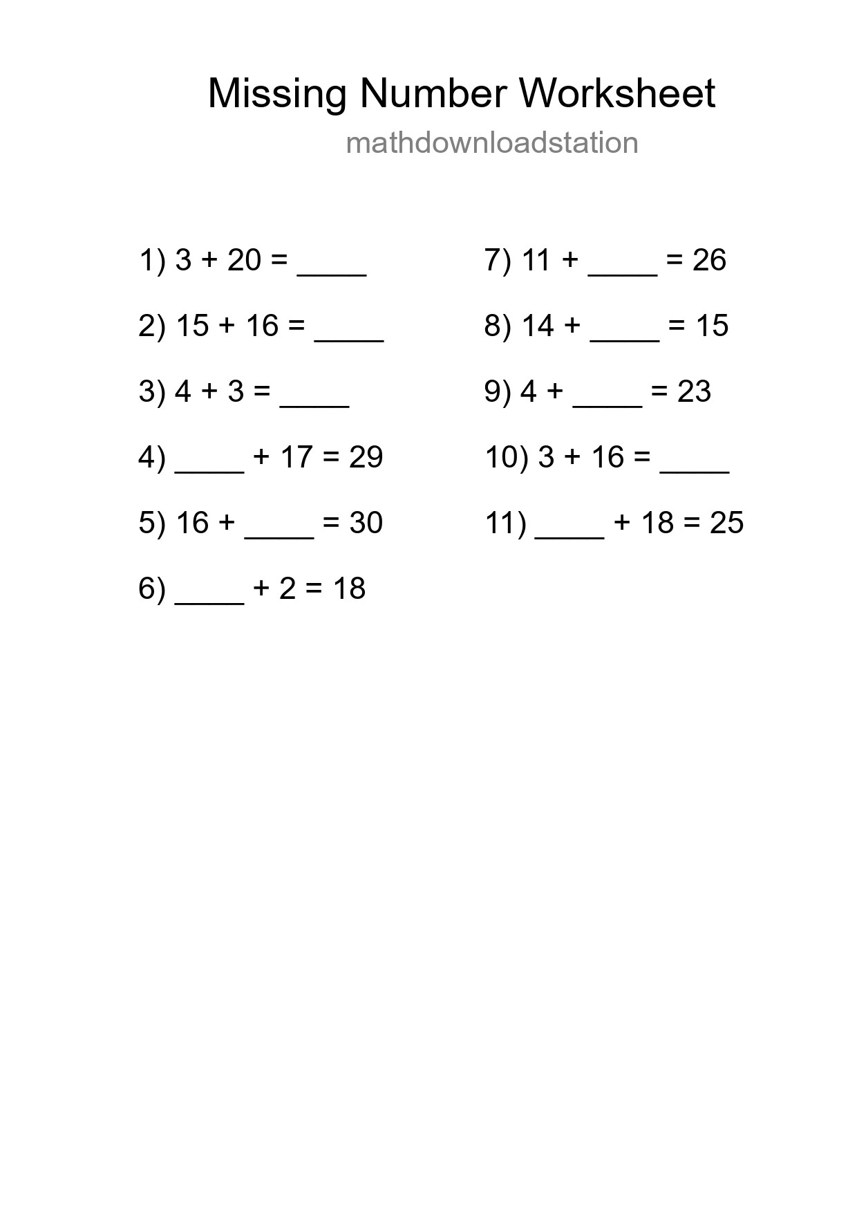 Missing Number Math Worksheet