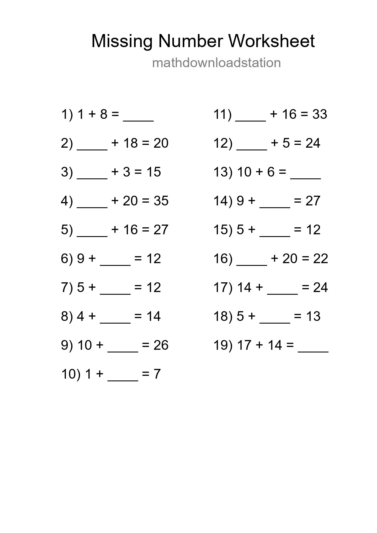 Missing Number Math Worksheet