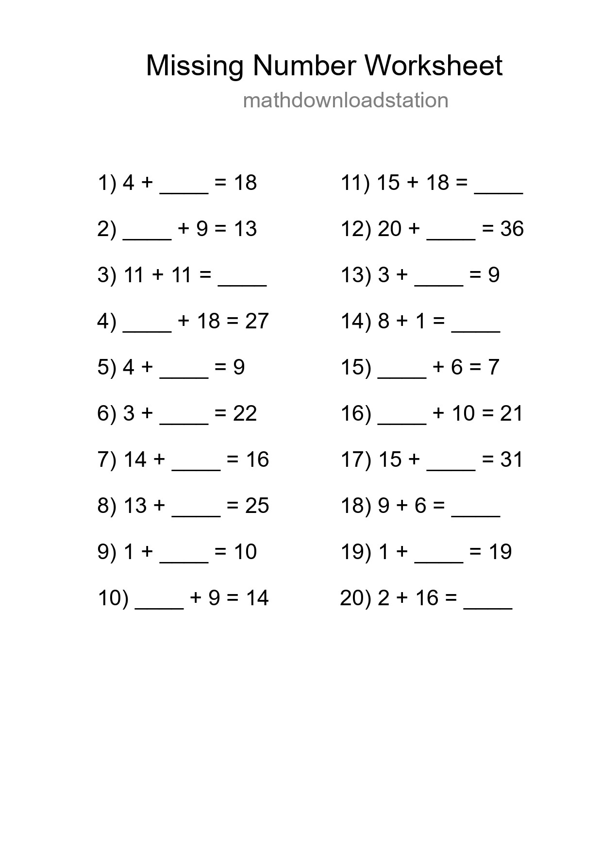 Missing Number Math Worksheet