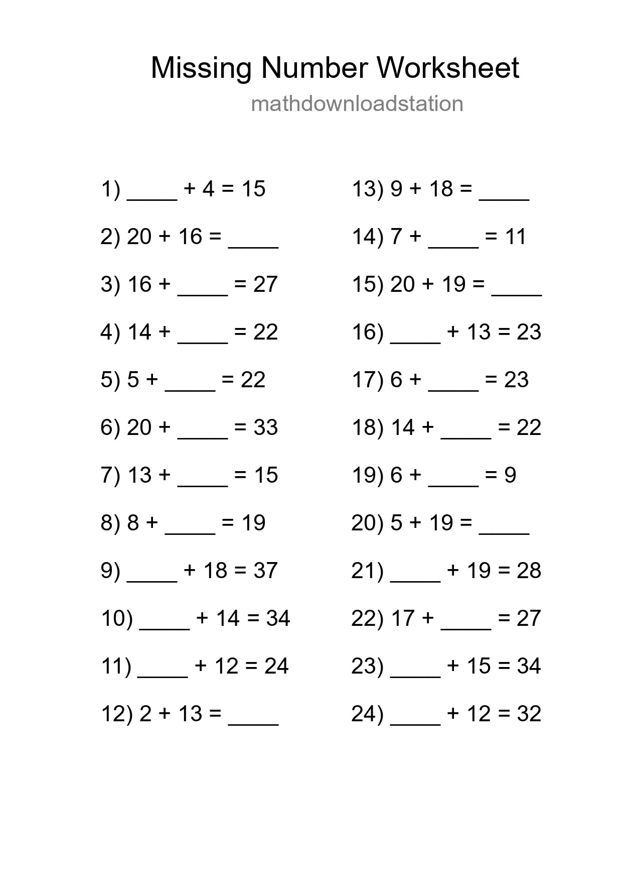 Missing Number Math Worksheet