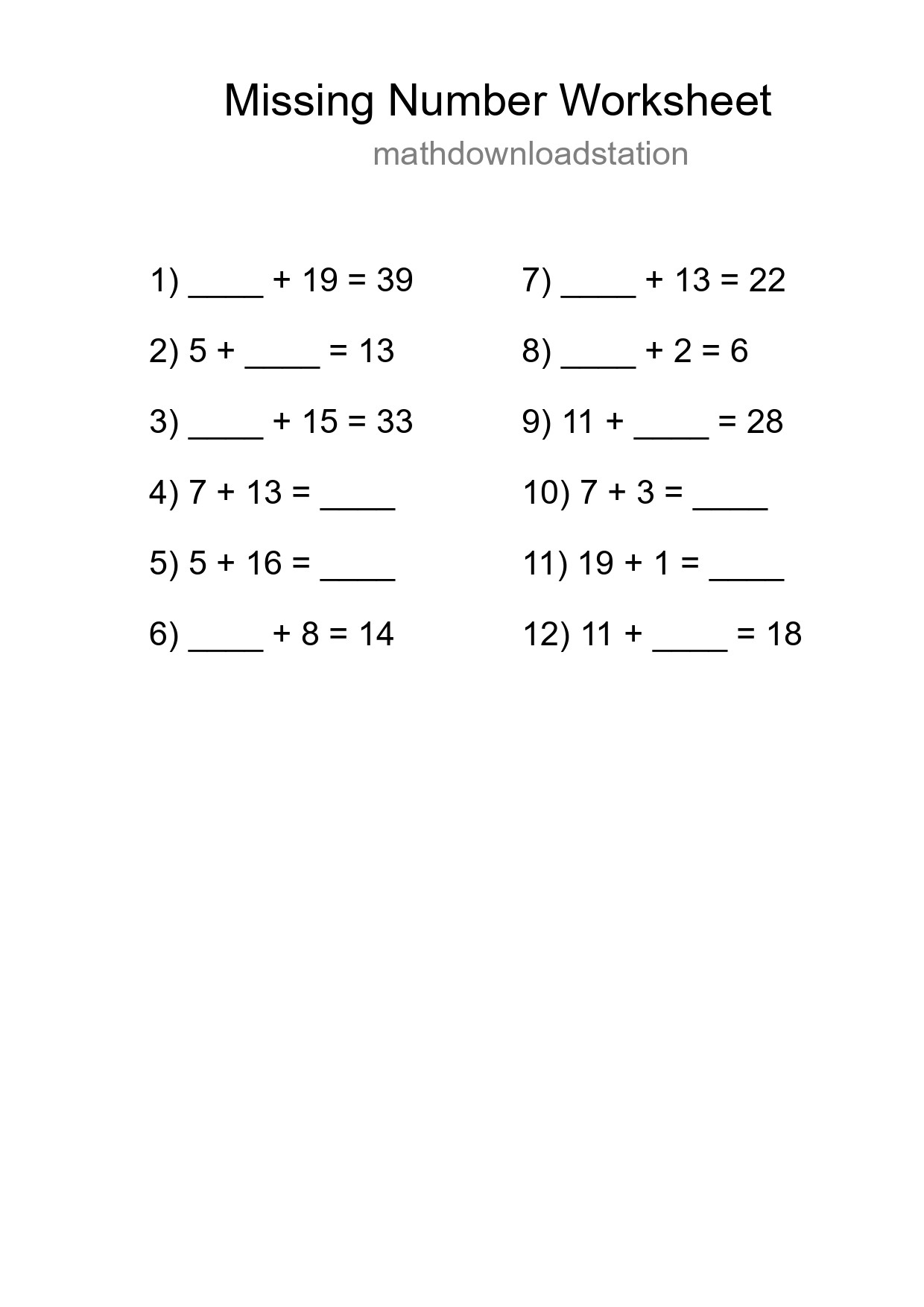 Missing Number Math Worksheet