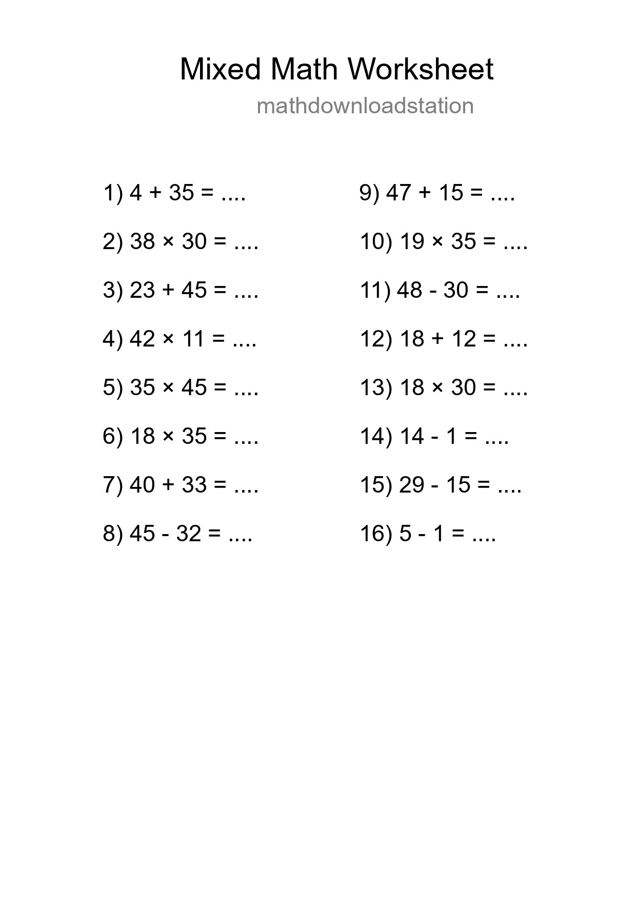 Mixed Operations Math Worksheet