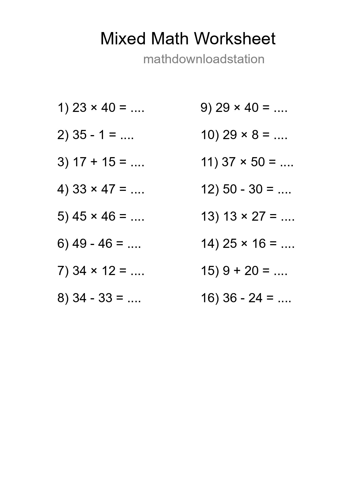 Mixed Operations Math Worksheet