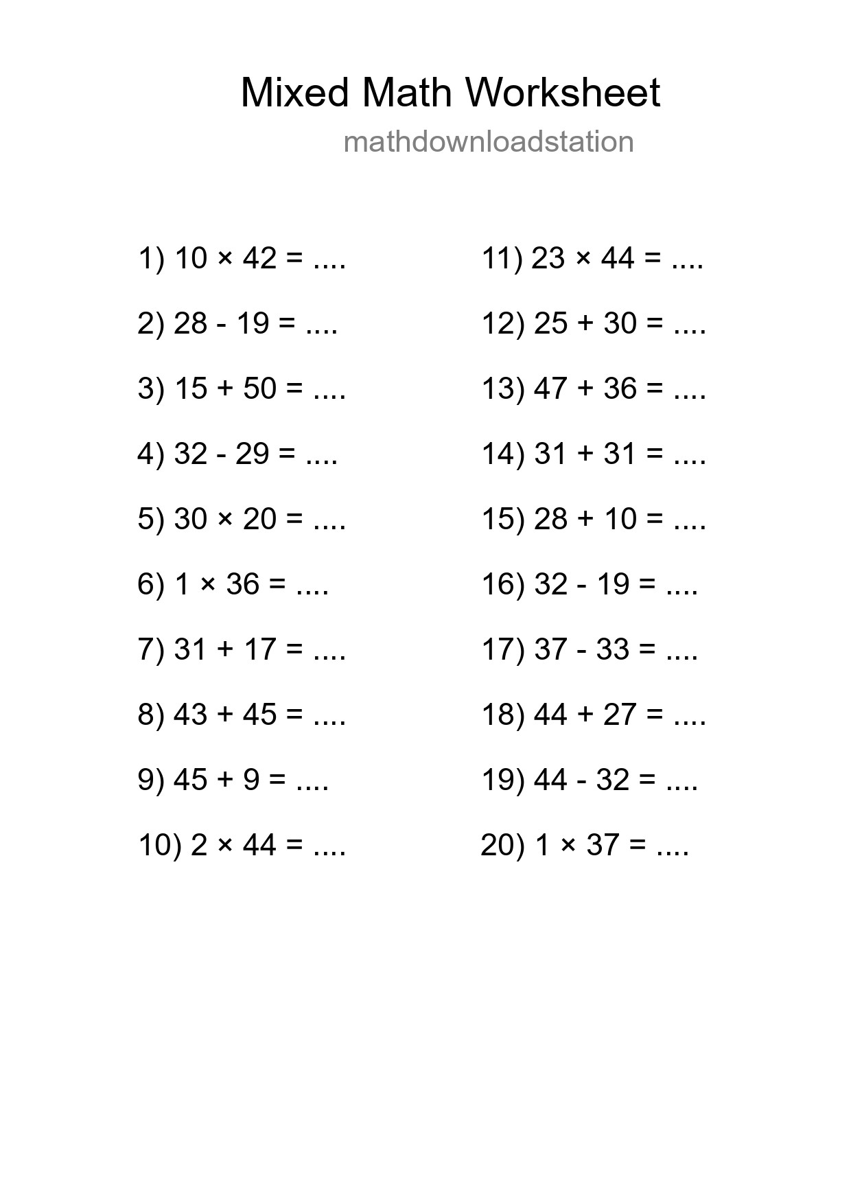 Mixed Operations Math Worksheet