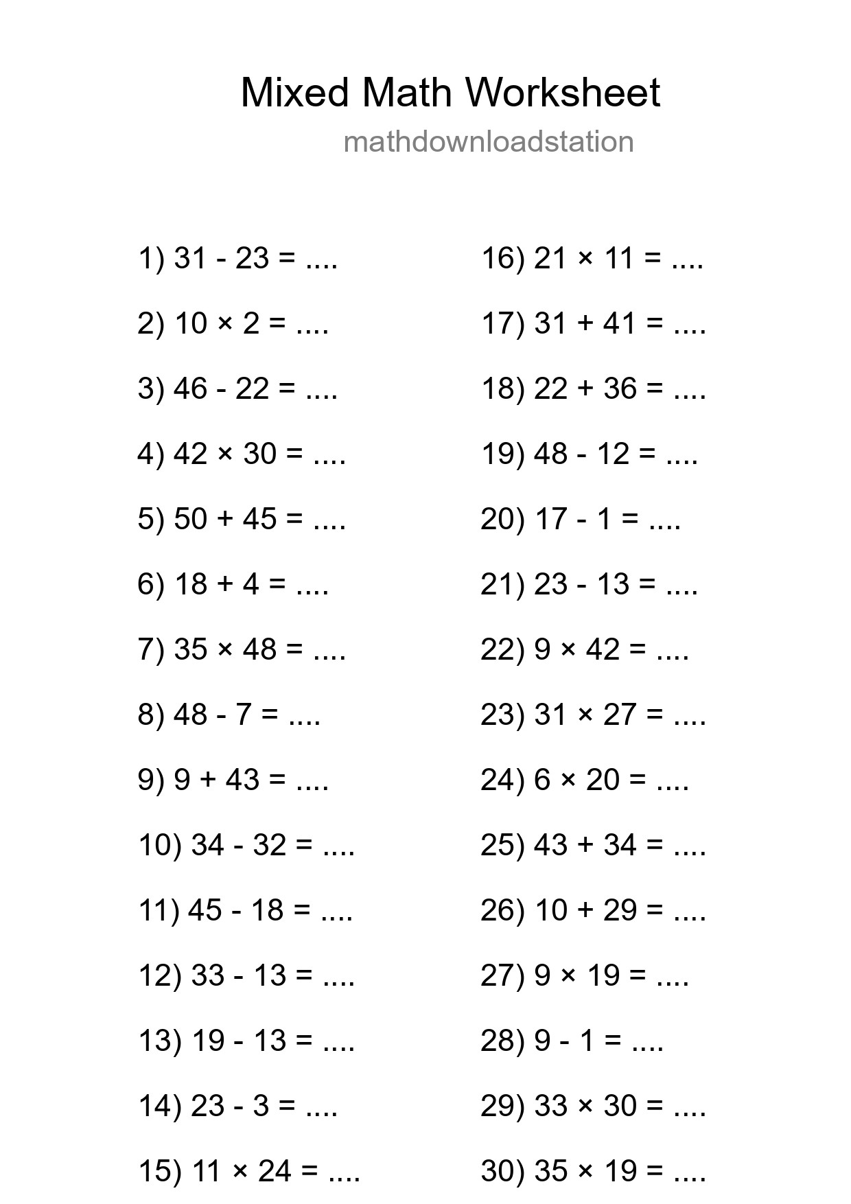 Mixed Operations Math Worksheet