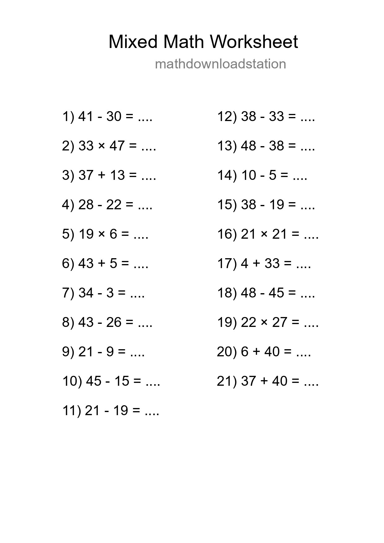 Mixed Operations Math Worksheet