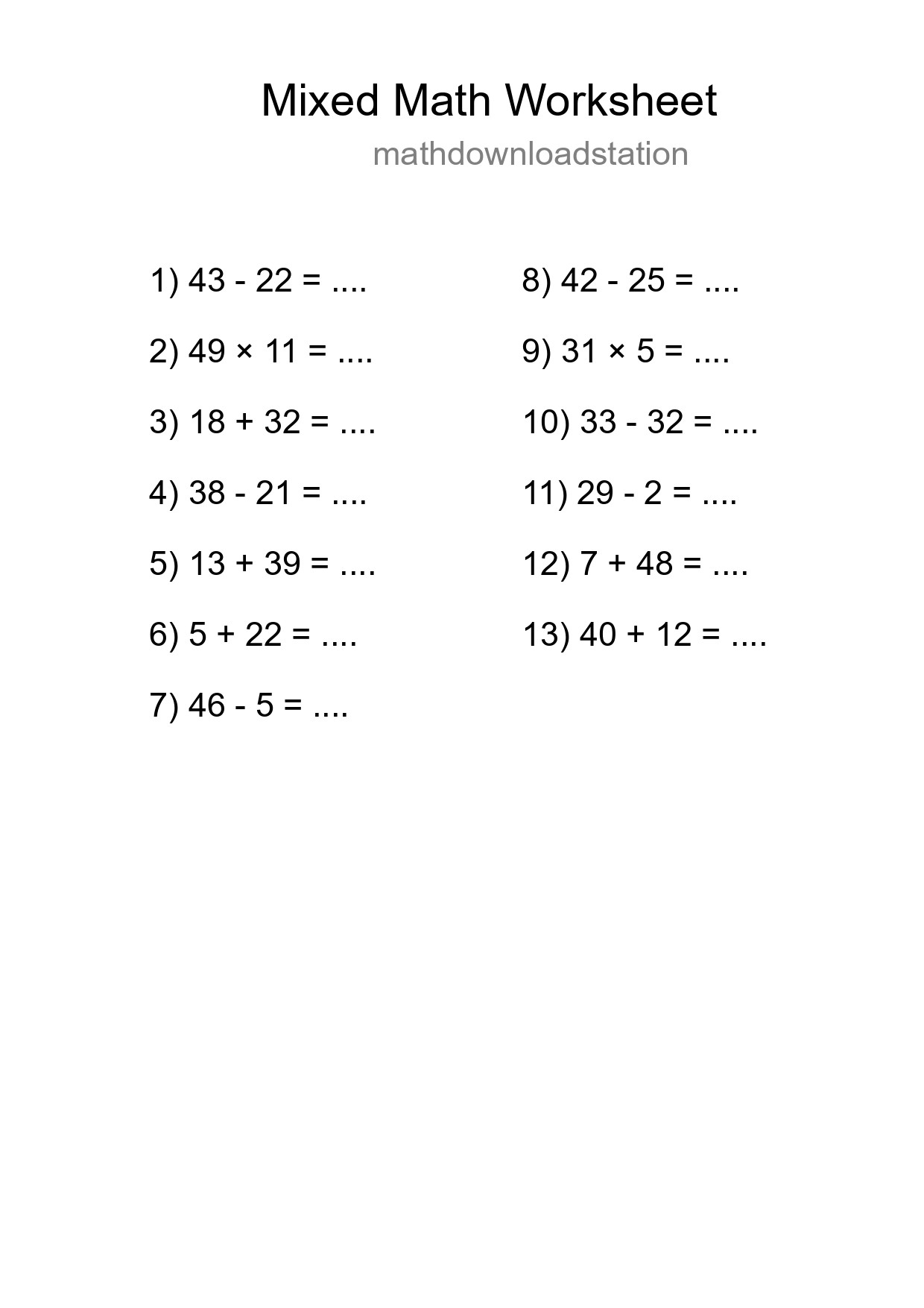 Mixed Operations Math Worksheet
