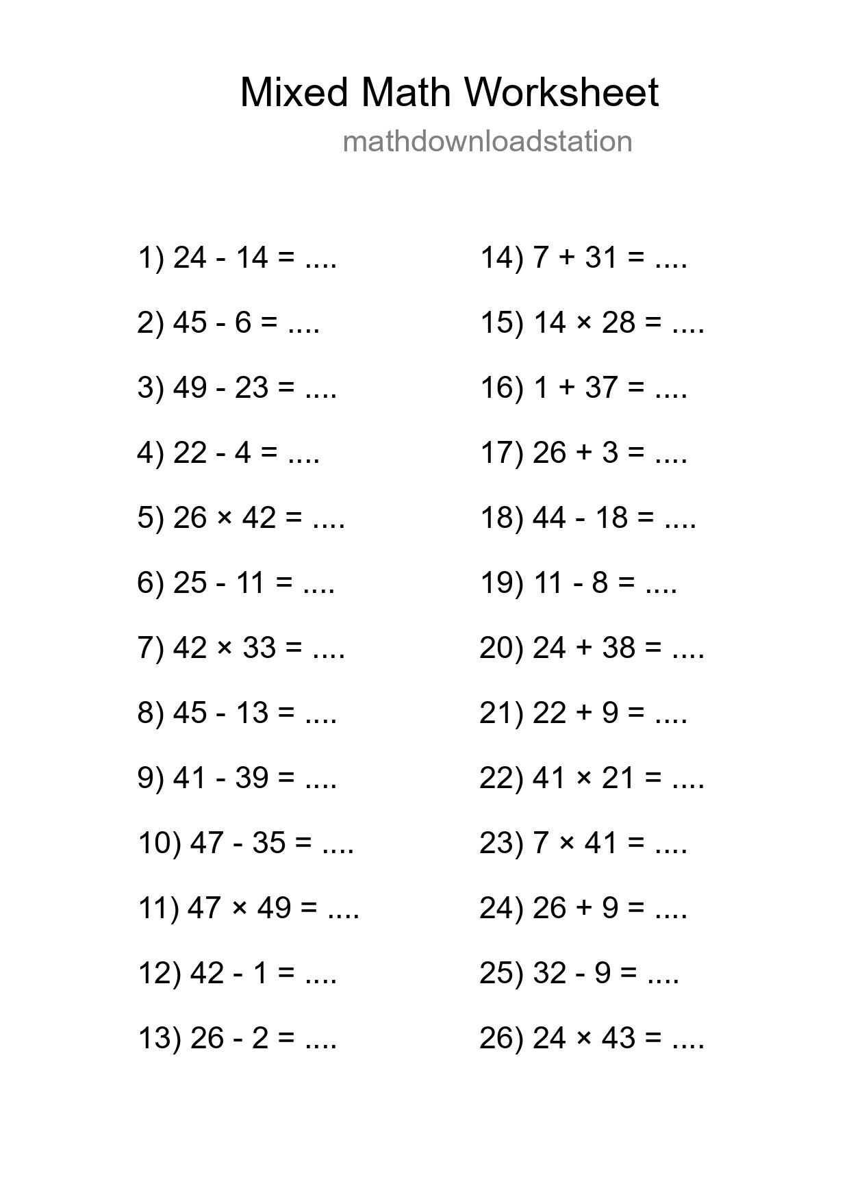 Mixed Operations Math Worksheet