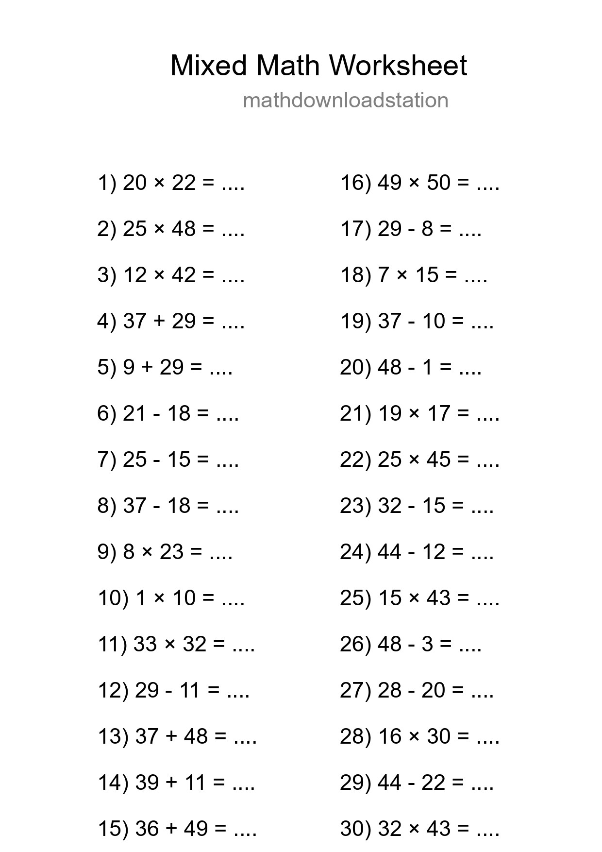 Mixed Operations Math Worksheet