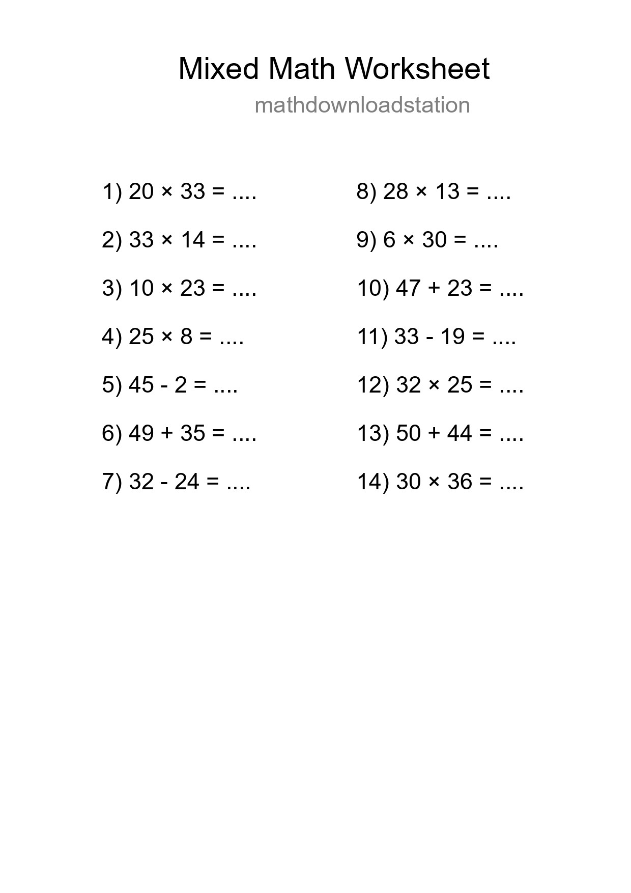 Mixed Operations Math Worksheet