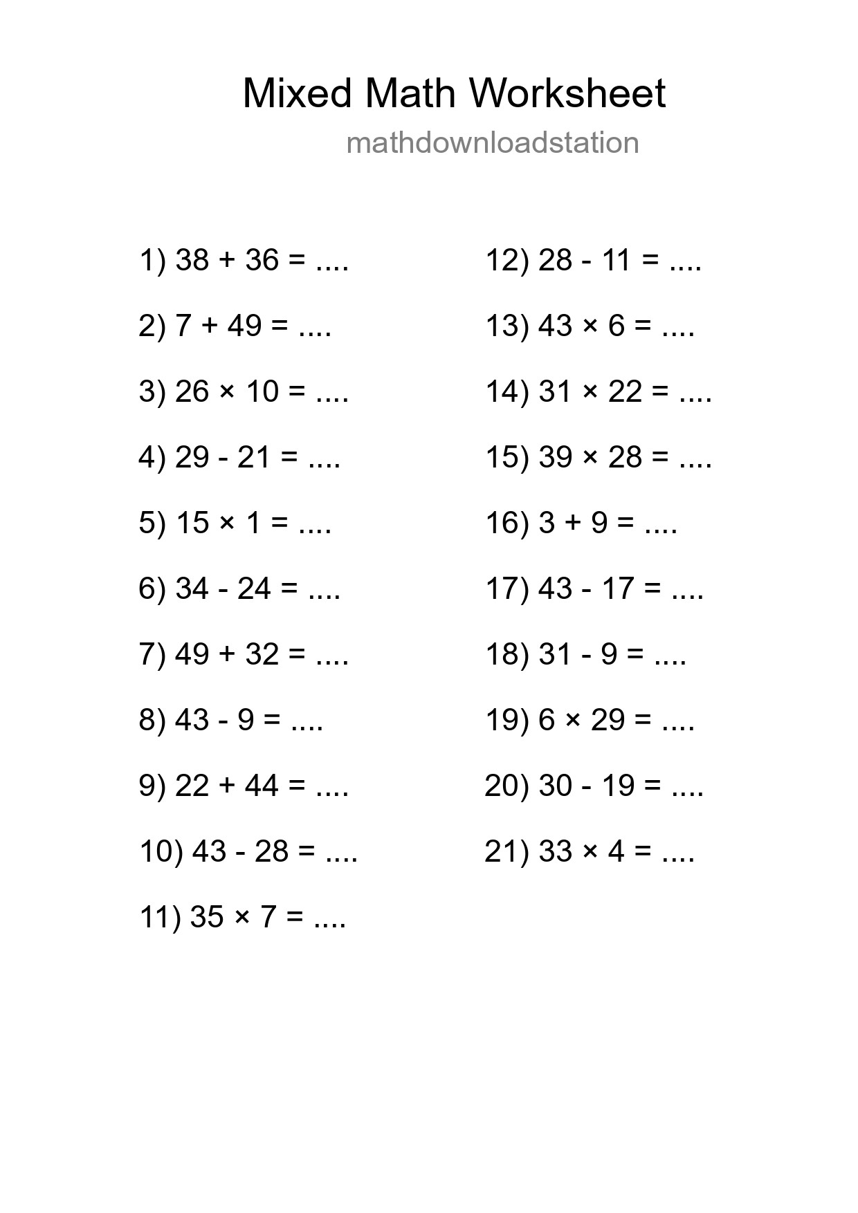 Mixed Operations Math Worksheet