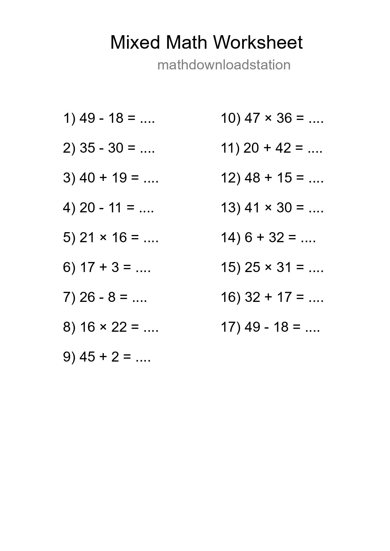 Mixed Operations Math Worksheet