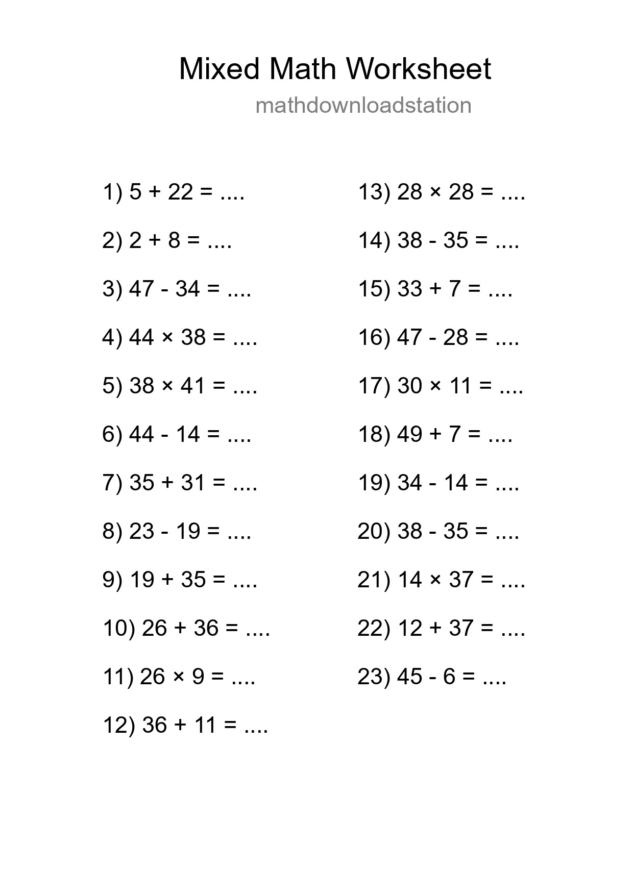 Mixed Operations Math Worksheet