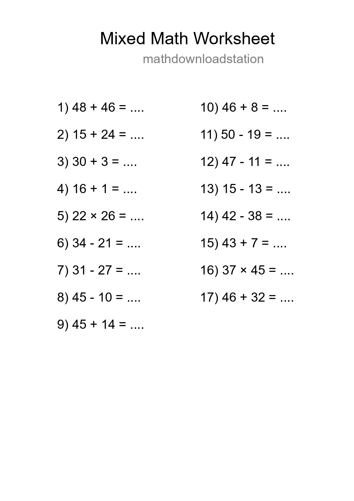Mixed Operations Math Worksheet