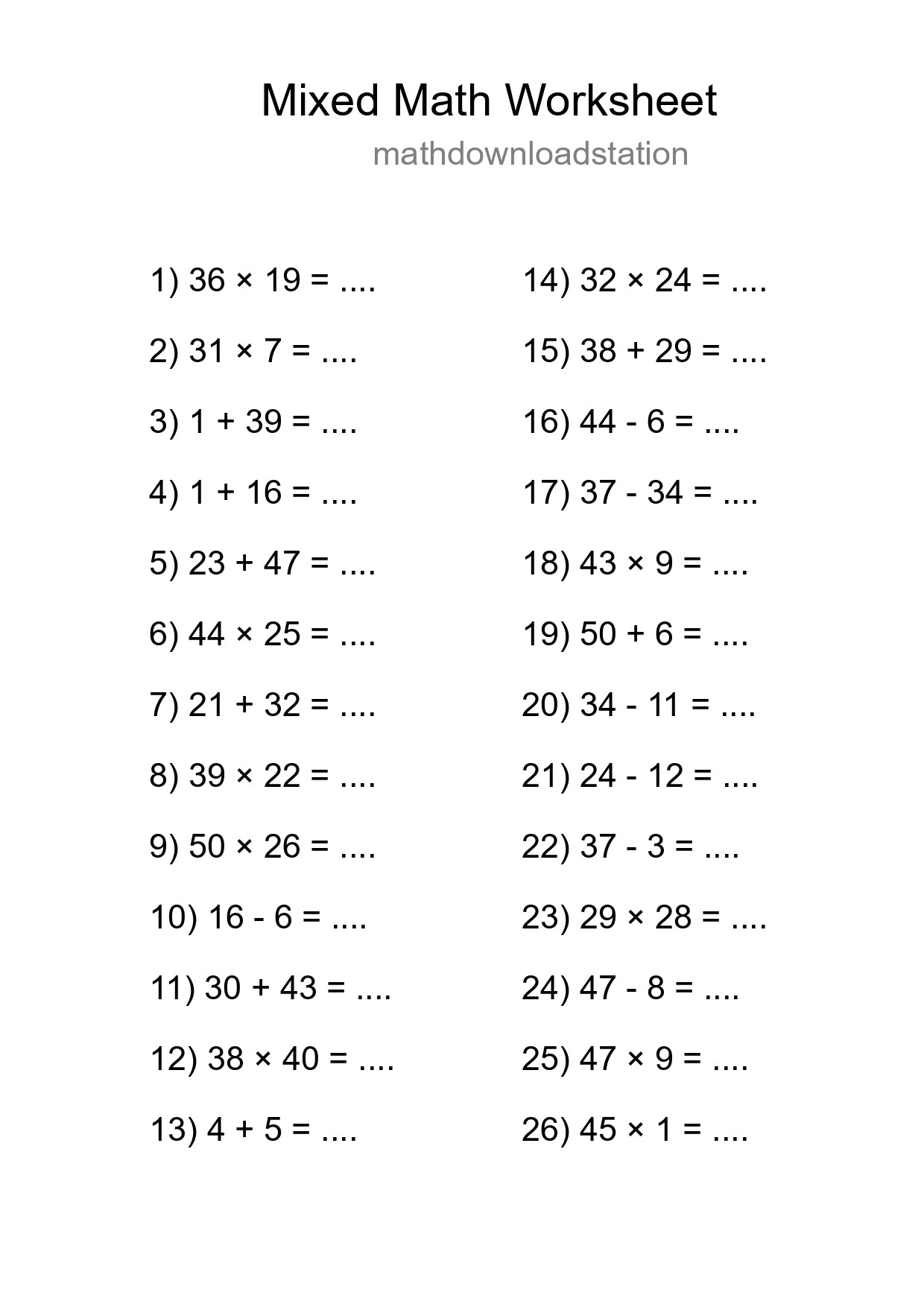 Mixed Operations Math Worksheet