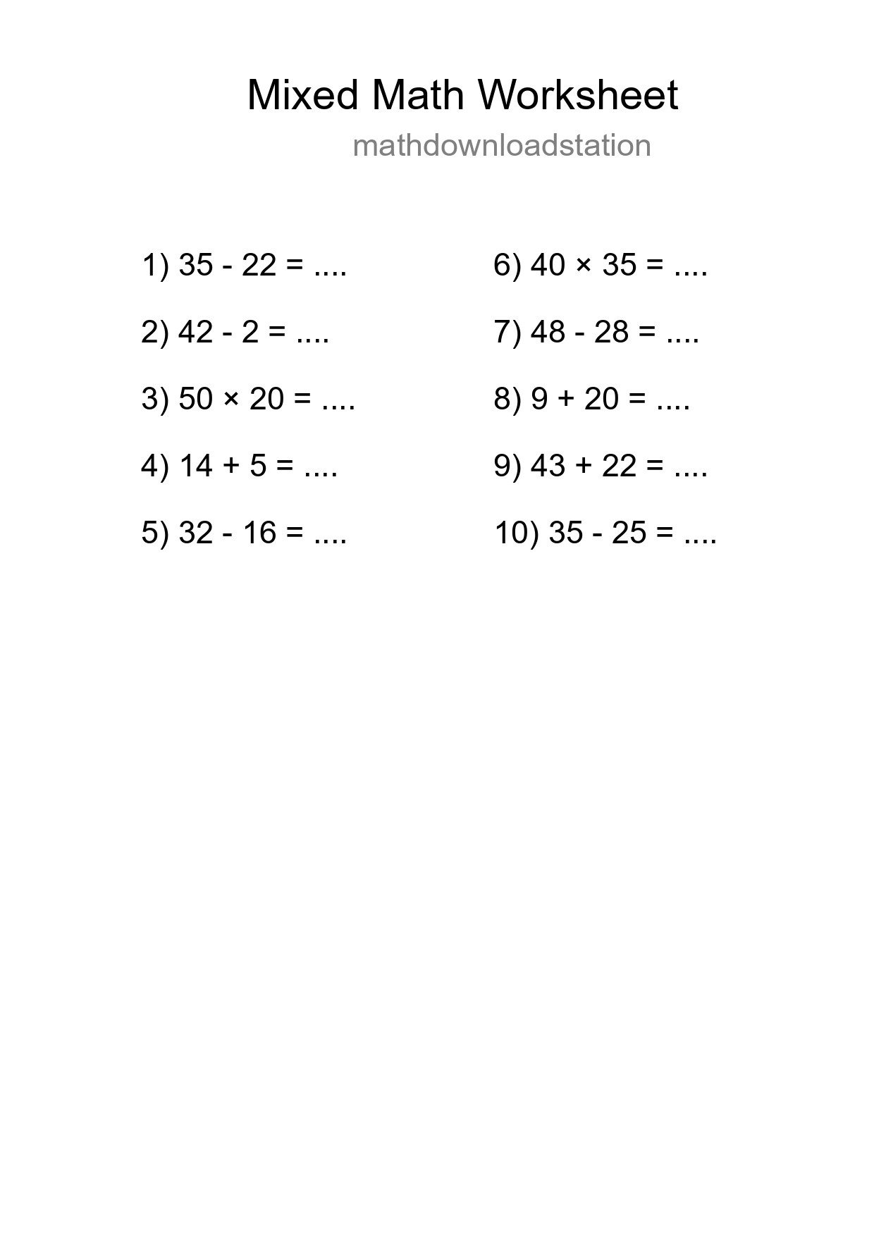 Mixed Operations Math Worksheet