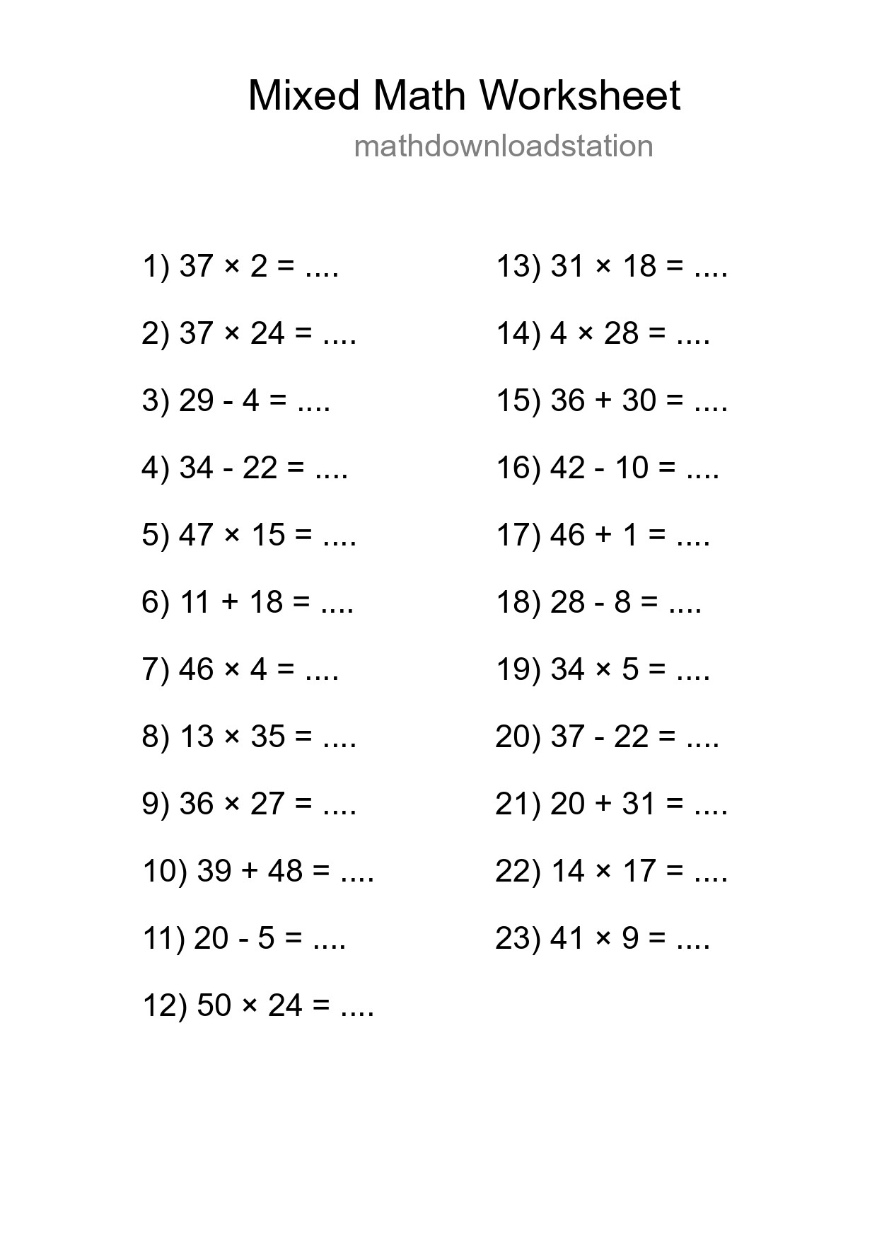 Mixed Operations Math Worksheet