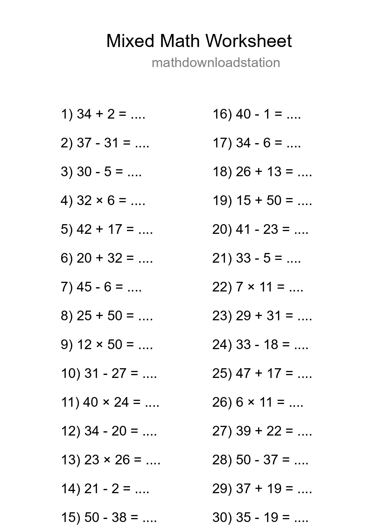 Mixed Operations Math Worksheet