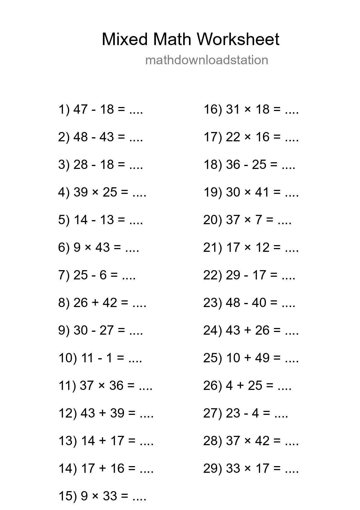 Mixed Operations Math Worksheet
