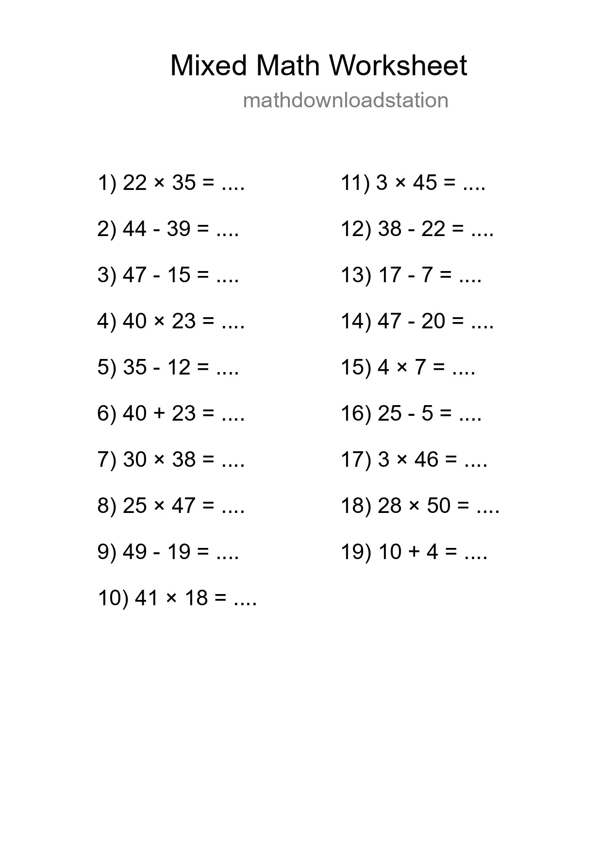 Mixed Operations Math Worksheet