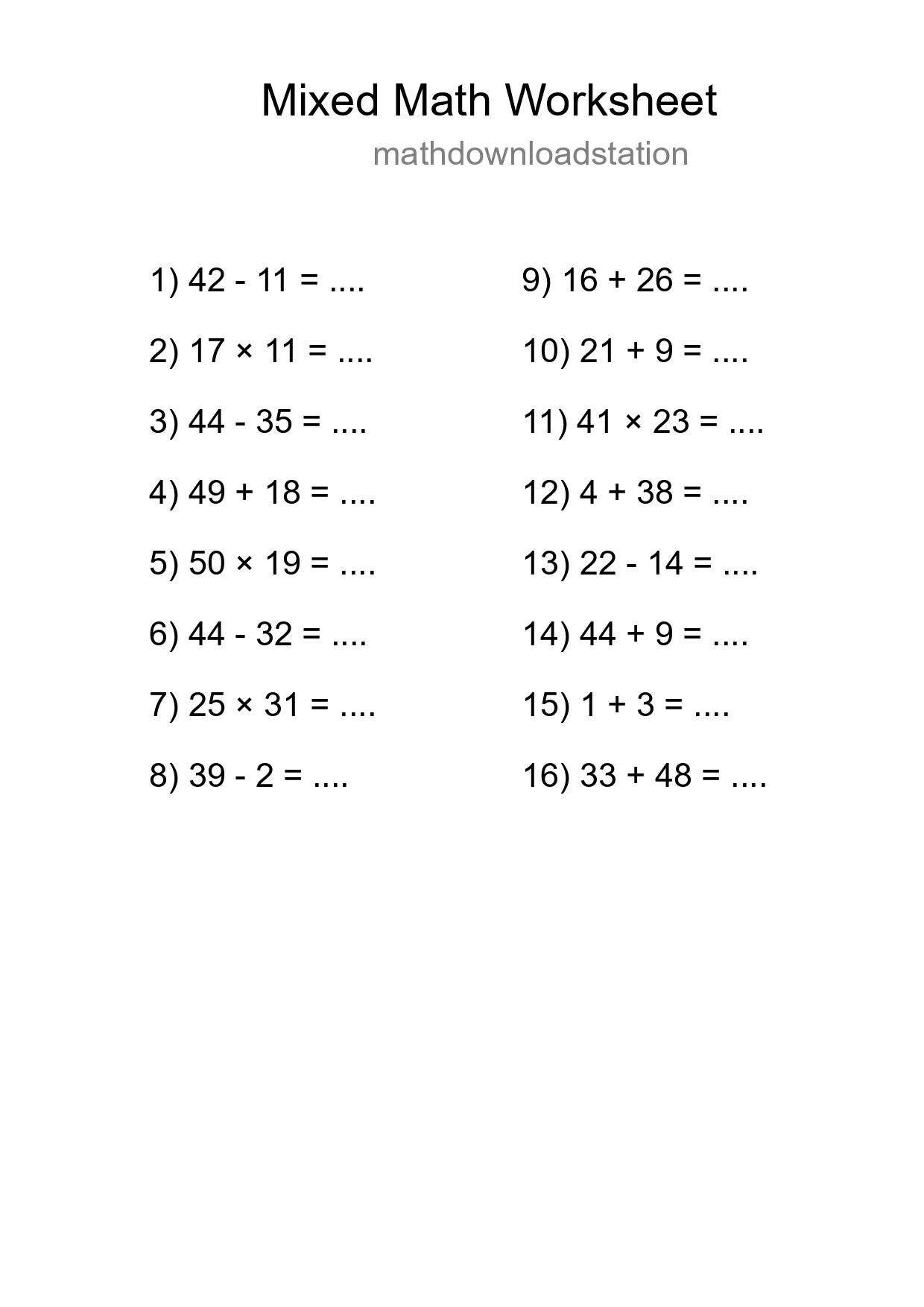 Mixed Operations Math Worksheet