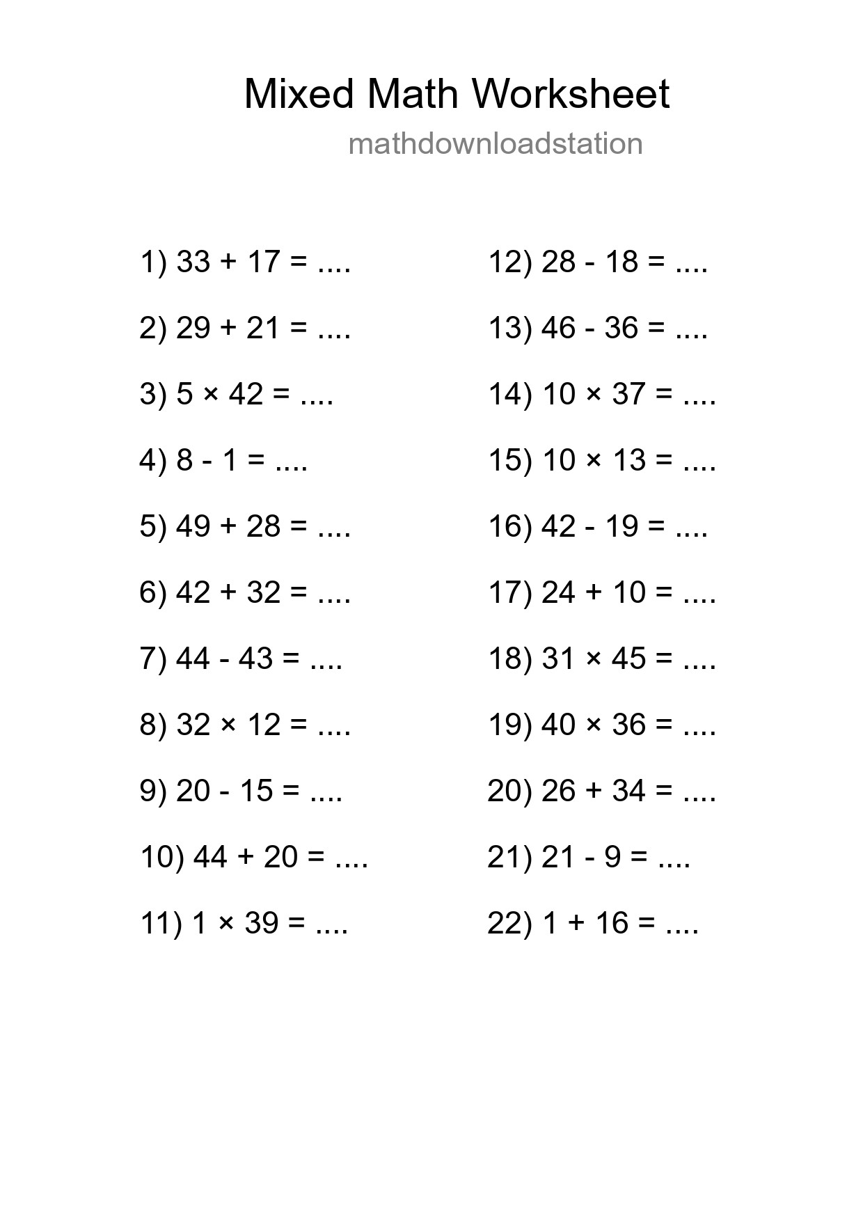 Mixed Operations Math Worksheet