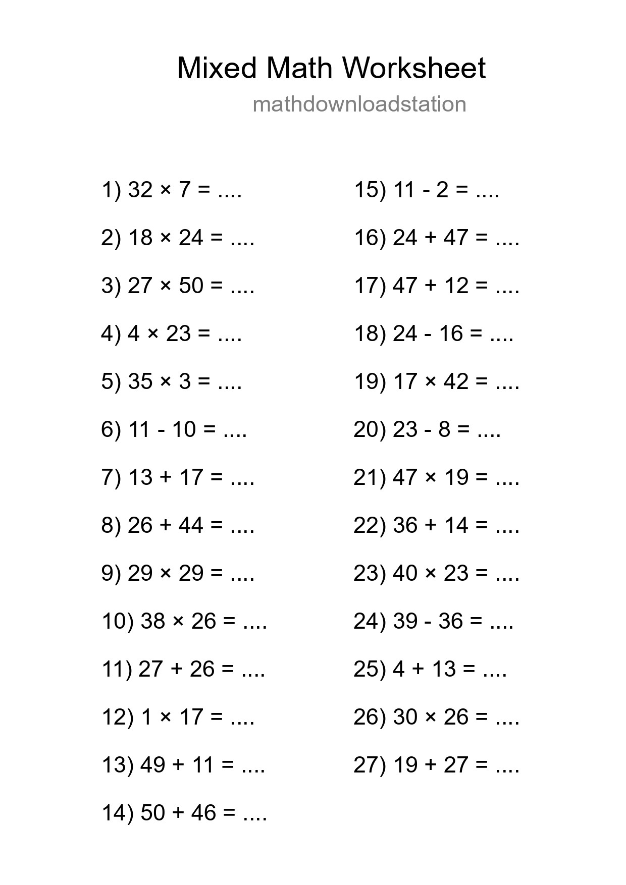 Mixed Operations Math Worksheet