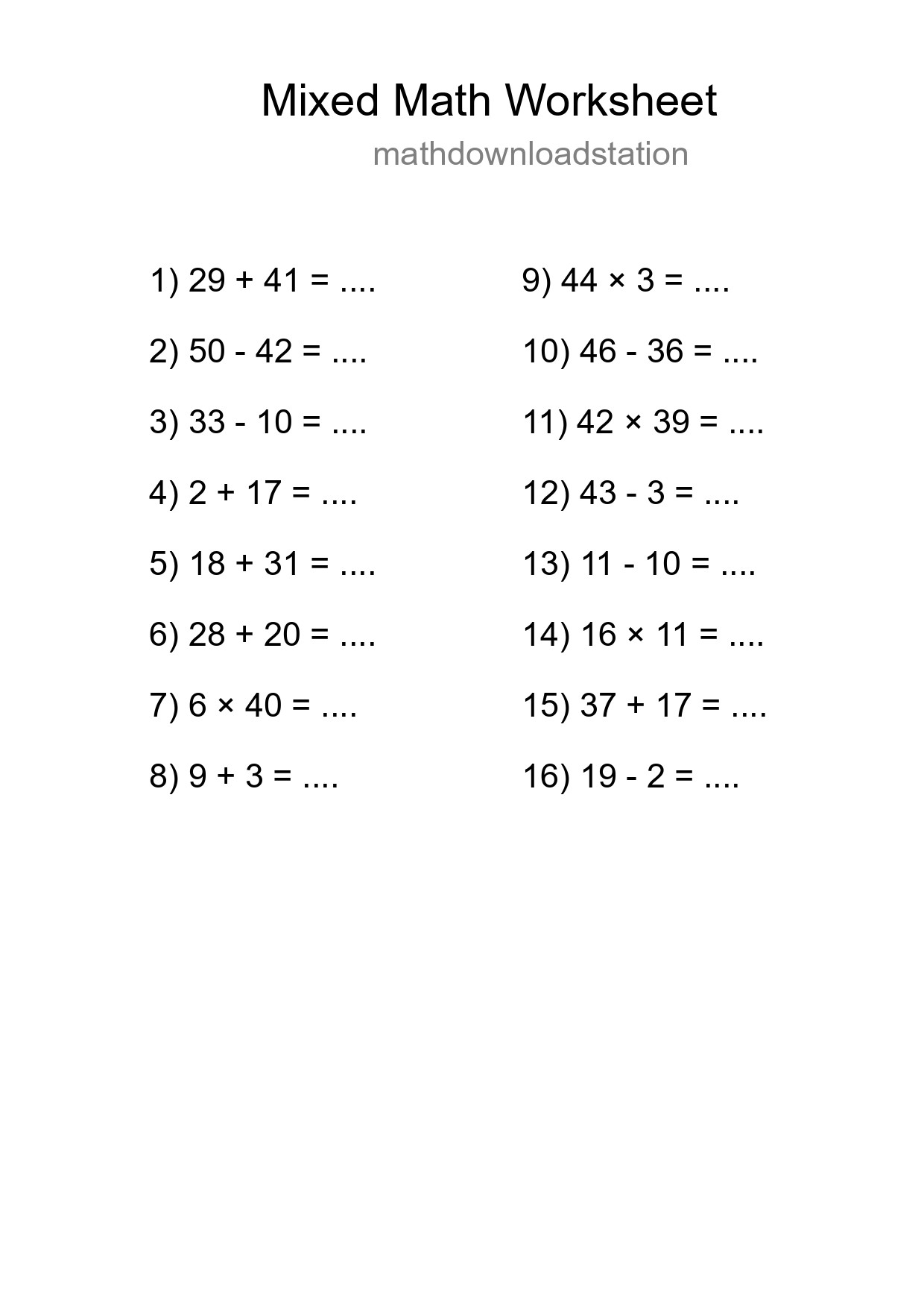 Mixed Operations Math Worksheet
