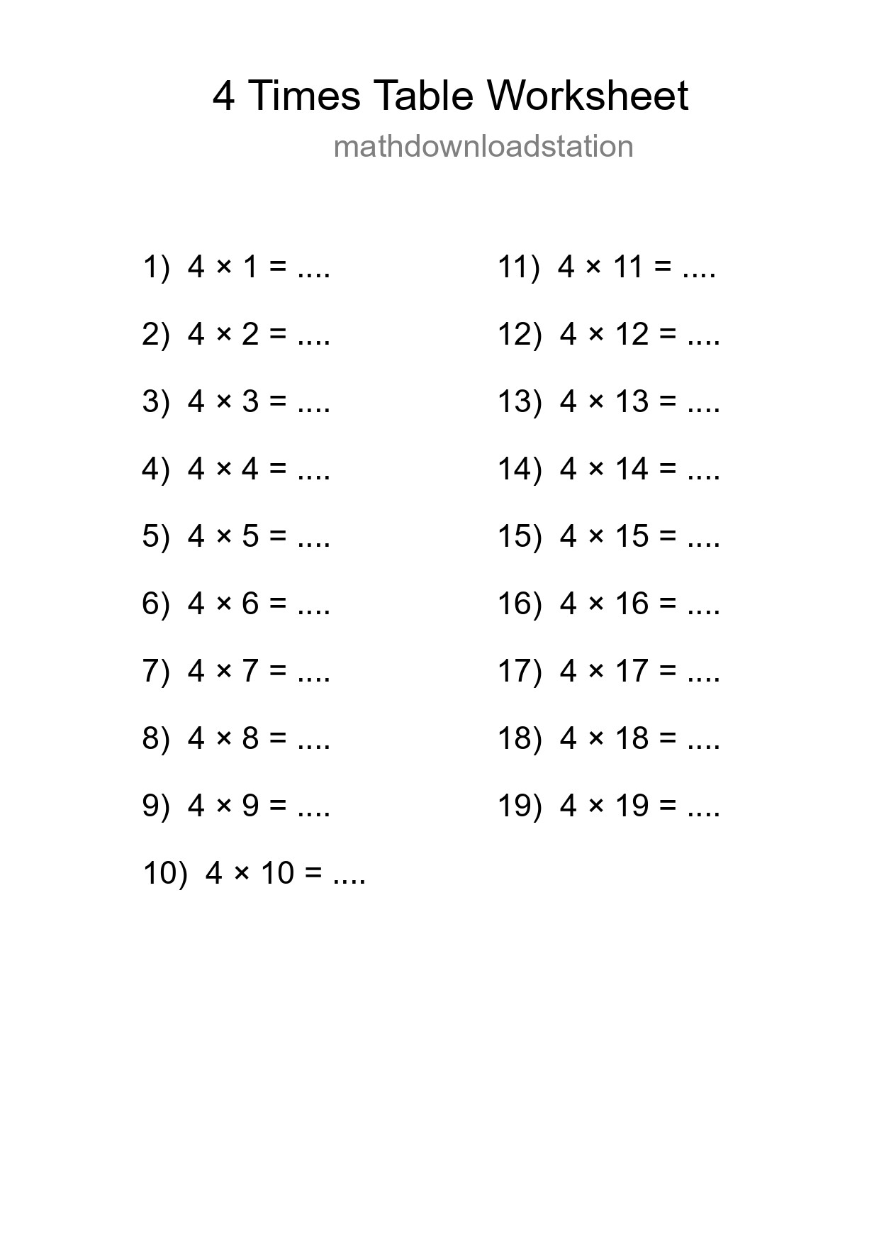 Printable 4 Times Table Worksheet For Grade 2 - Part 218
