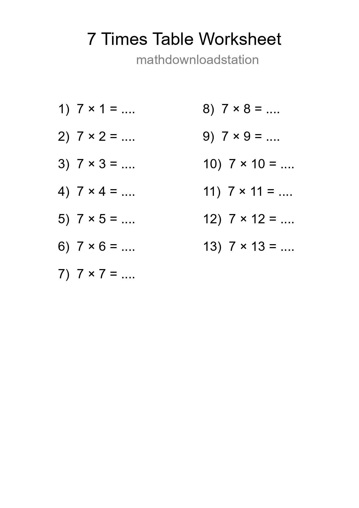 Printable 7 Times Table Worksheet For Grade 3 - Part 163