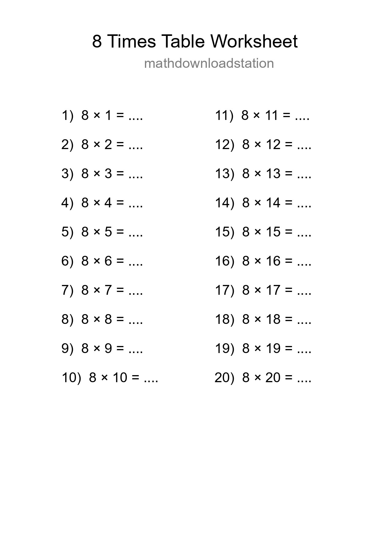Printable 8 Times Table Worksheet For Grade 3 - Part 152